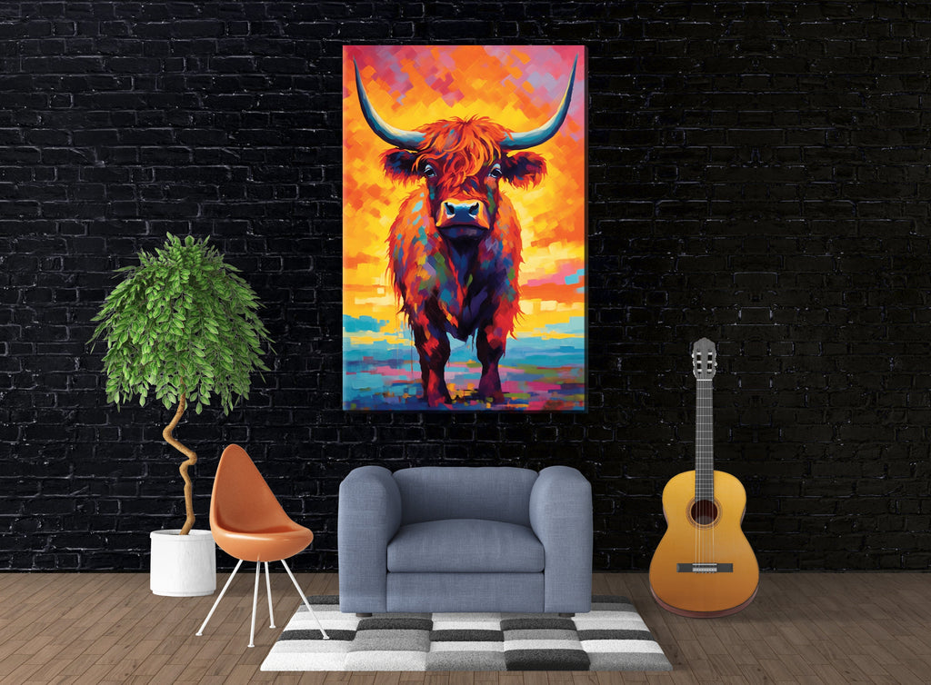 Highland Cow Canvas – Large Farmhouse Wall Art | Rustic Scottish Decor