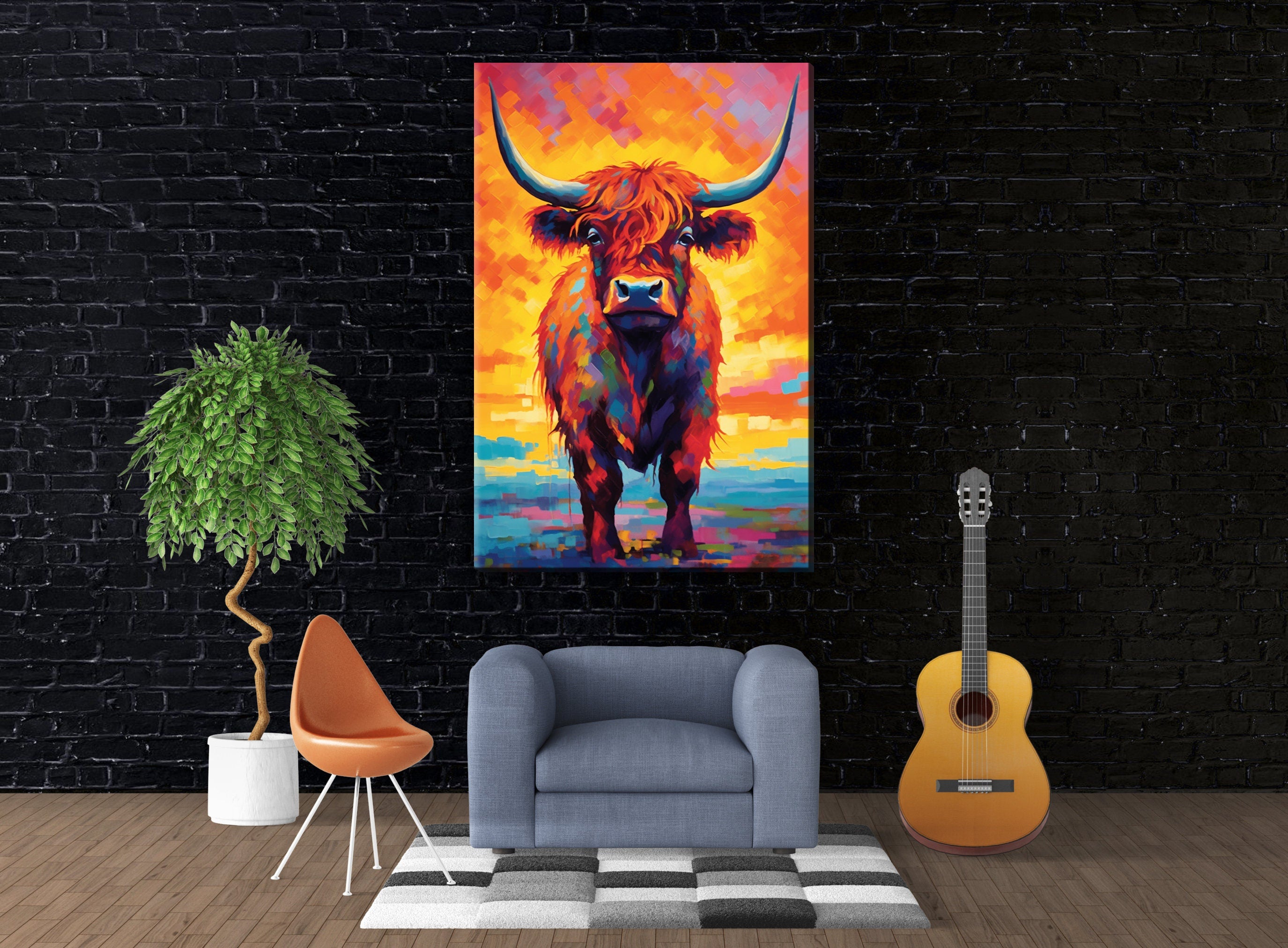 Highland Cow Canvas – Large Farmhouse Wall Art | Rustic Scottish Decor