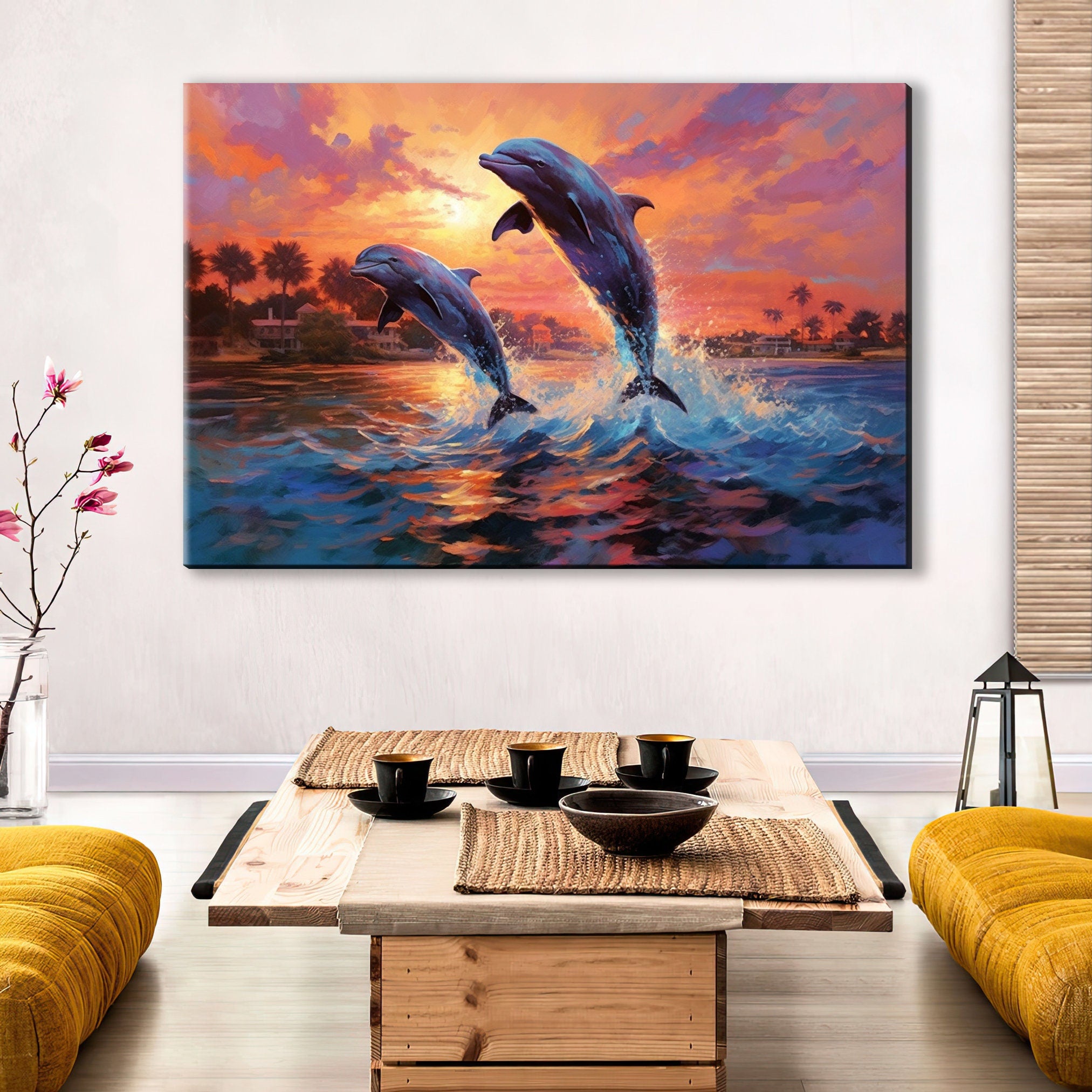 Dolphin Wall Art – Large Canvas Print of Dolphins Swimming, Marine Life Decor