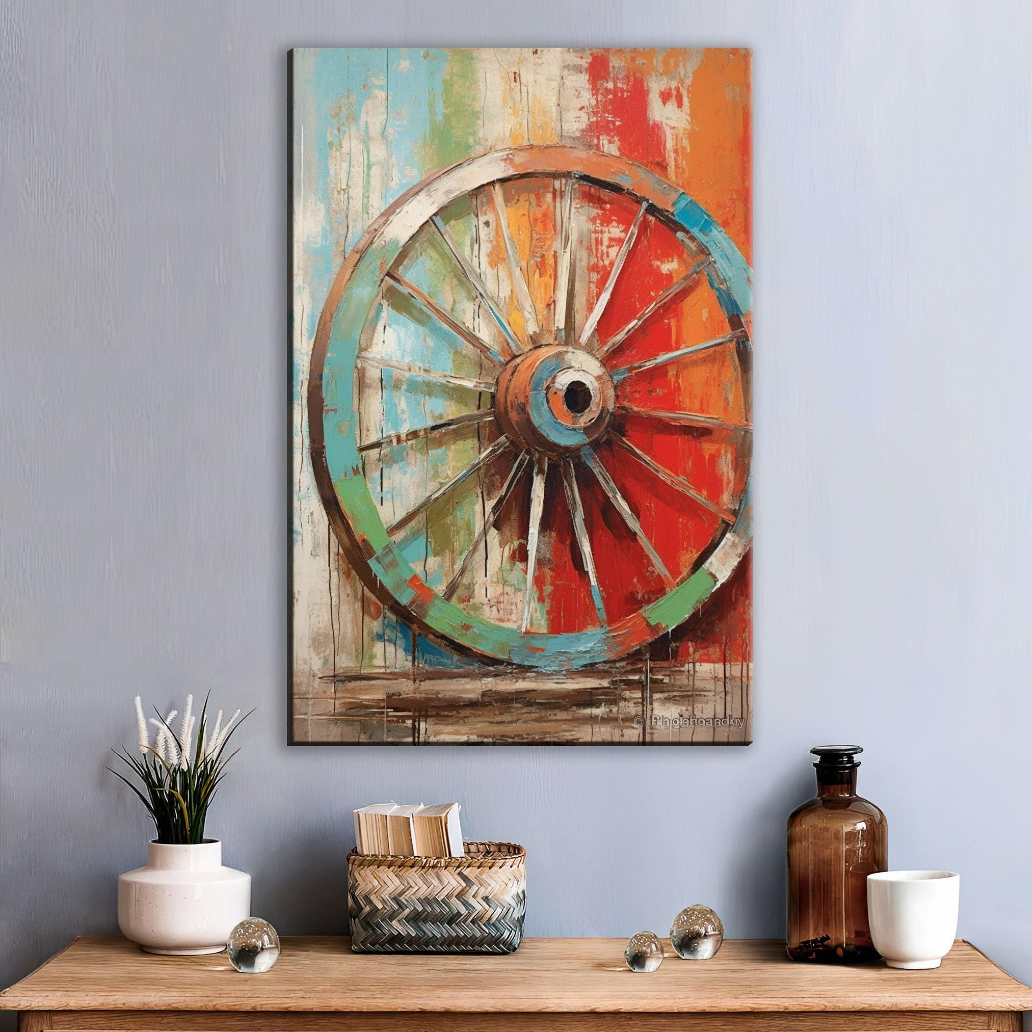 Wagon Wheel Wall Art – Rustic Elegance Farmhouse Canvas Art, Large Gallery Wrapped Print