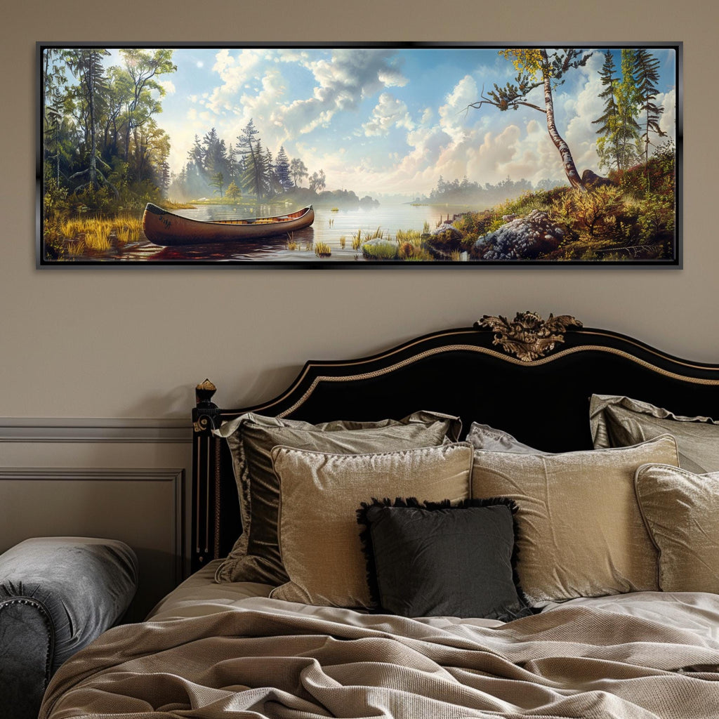 a bed with a painting on the wall above it