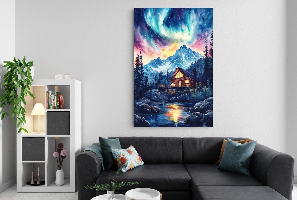 a cozy living room with a large painting of a cabin nestled in a snowy mountain landscape hanging on the wall above a comfortable couch.
