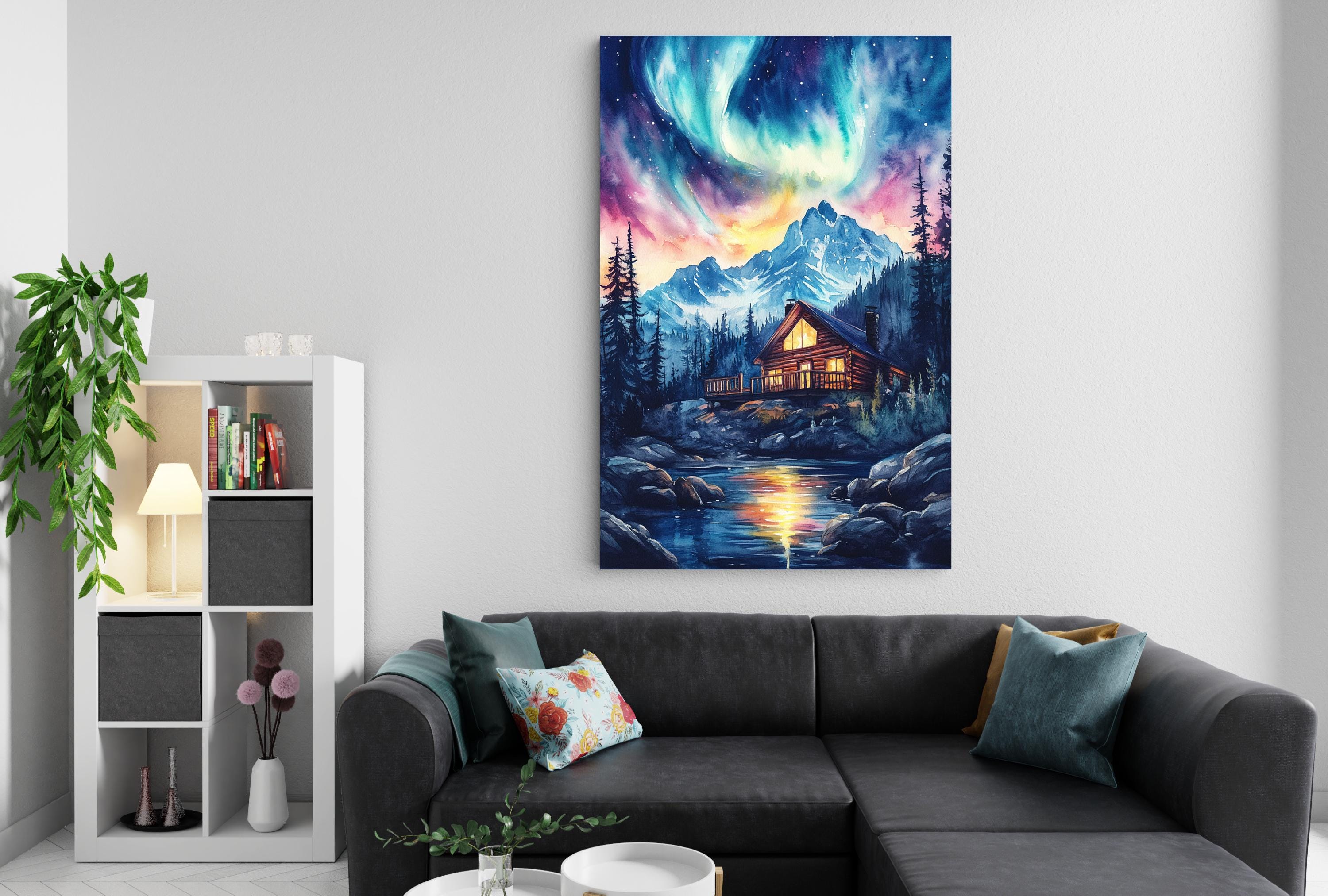 a cozy living room with a large painting of a cabin nestled in a snowy mountain landscape hanging on the wall above a comfortable couch.