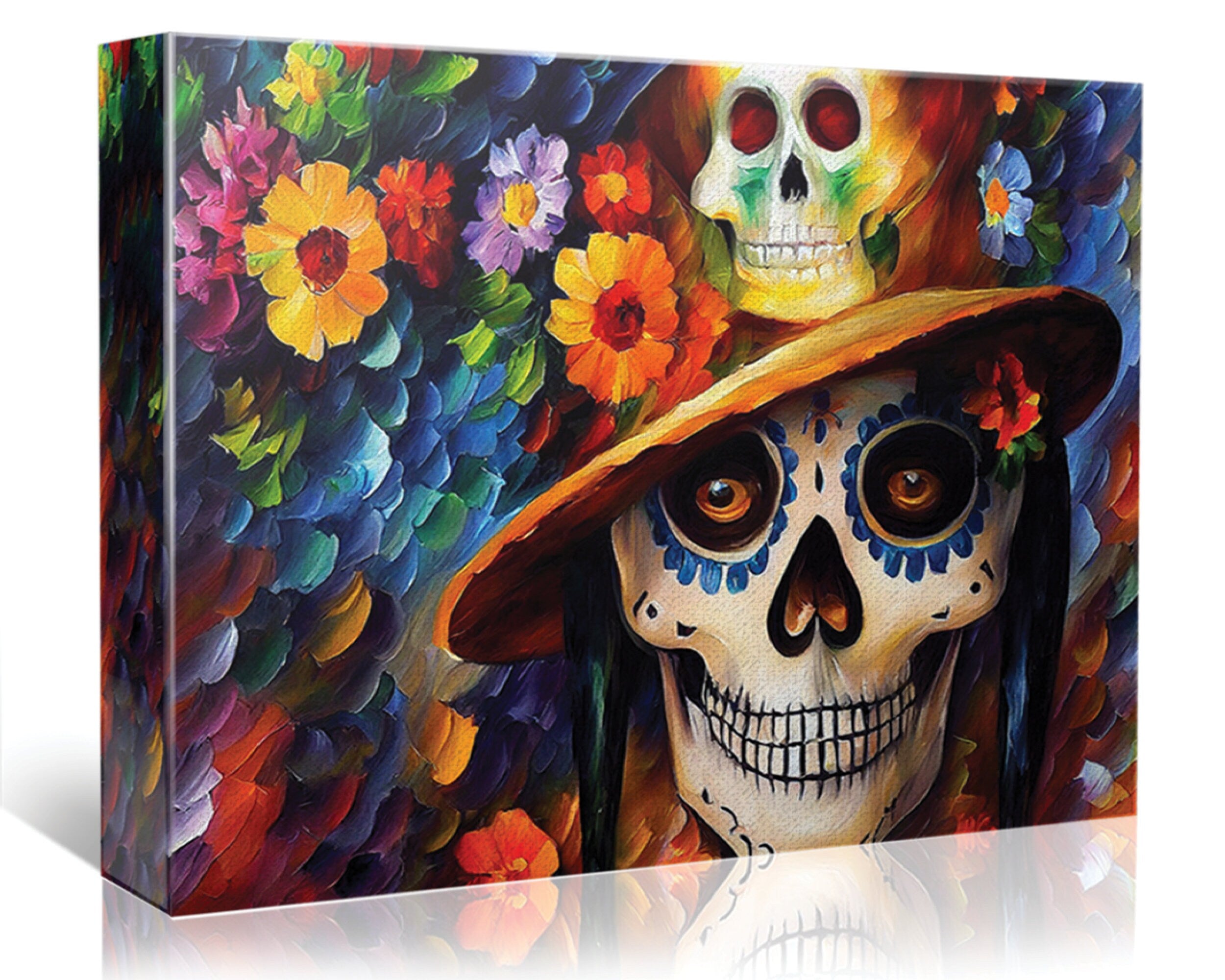 Dia De Los Muertos Canvas – Colorful Sugar Skull Painting on Gallery Ready Frame
