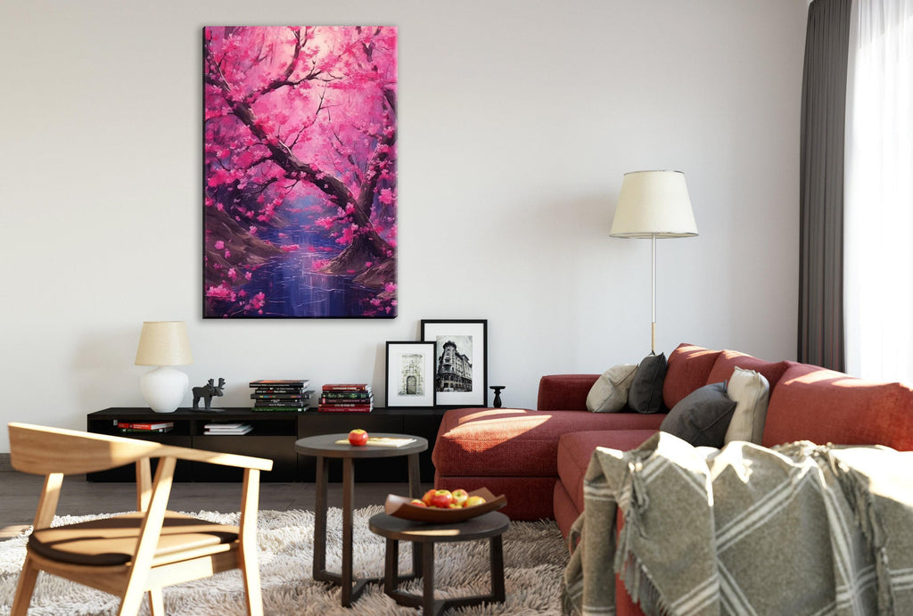 Cherry Blossom Canvas – Large Floral Wall Art | Sakura Pink Purple Flowers Print