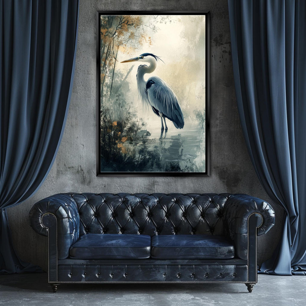a painting of a blue heron on a wall above a couch