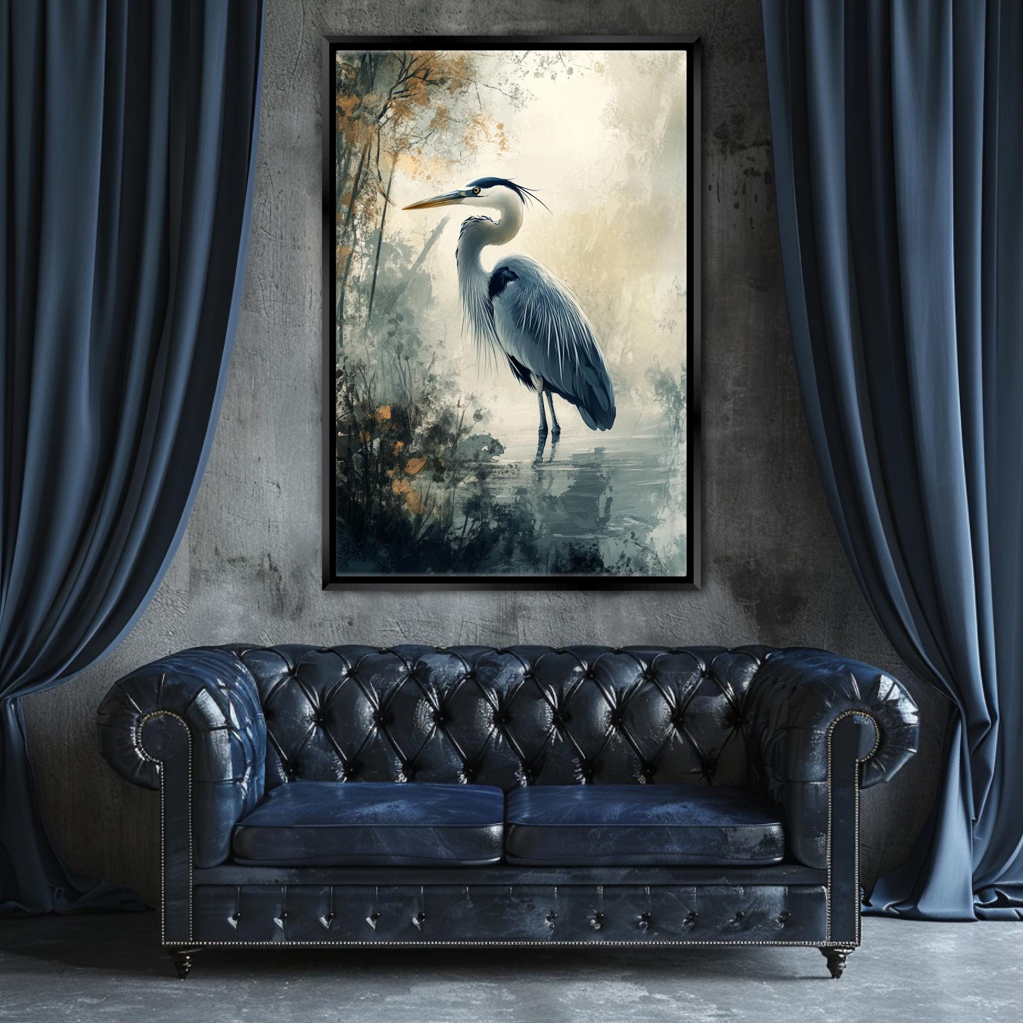 a painting of a blue heron on a wall above a couch