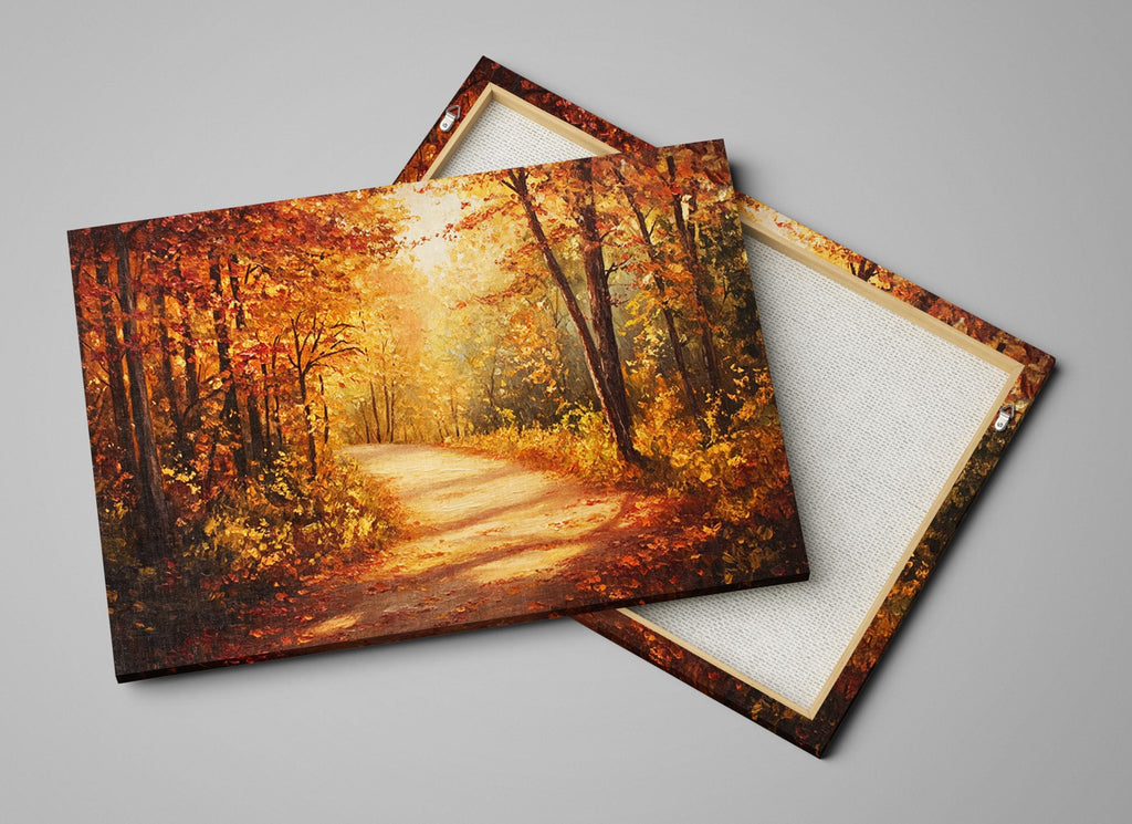 a scenic autumn forest path with a winding dirt road surrounded by trees with vibrant orange and yellow leaves.