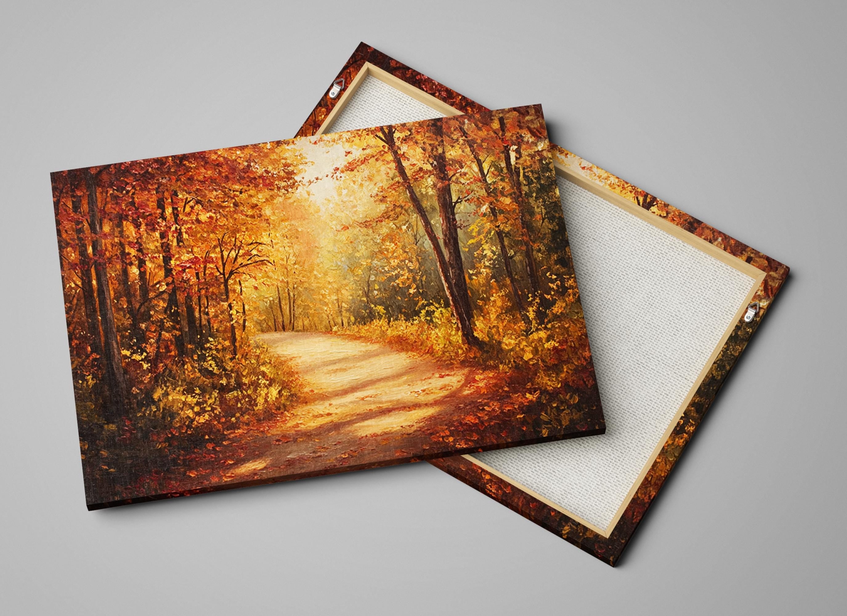 a scenic autumn forest path with a winding dirt road surrounded by trees with vibrant orange and yellow leaves.