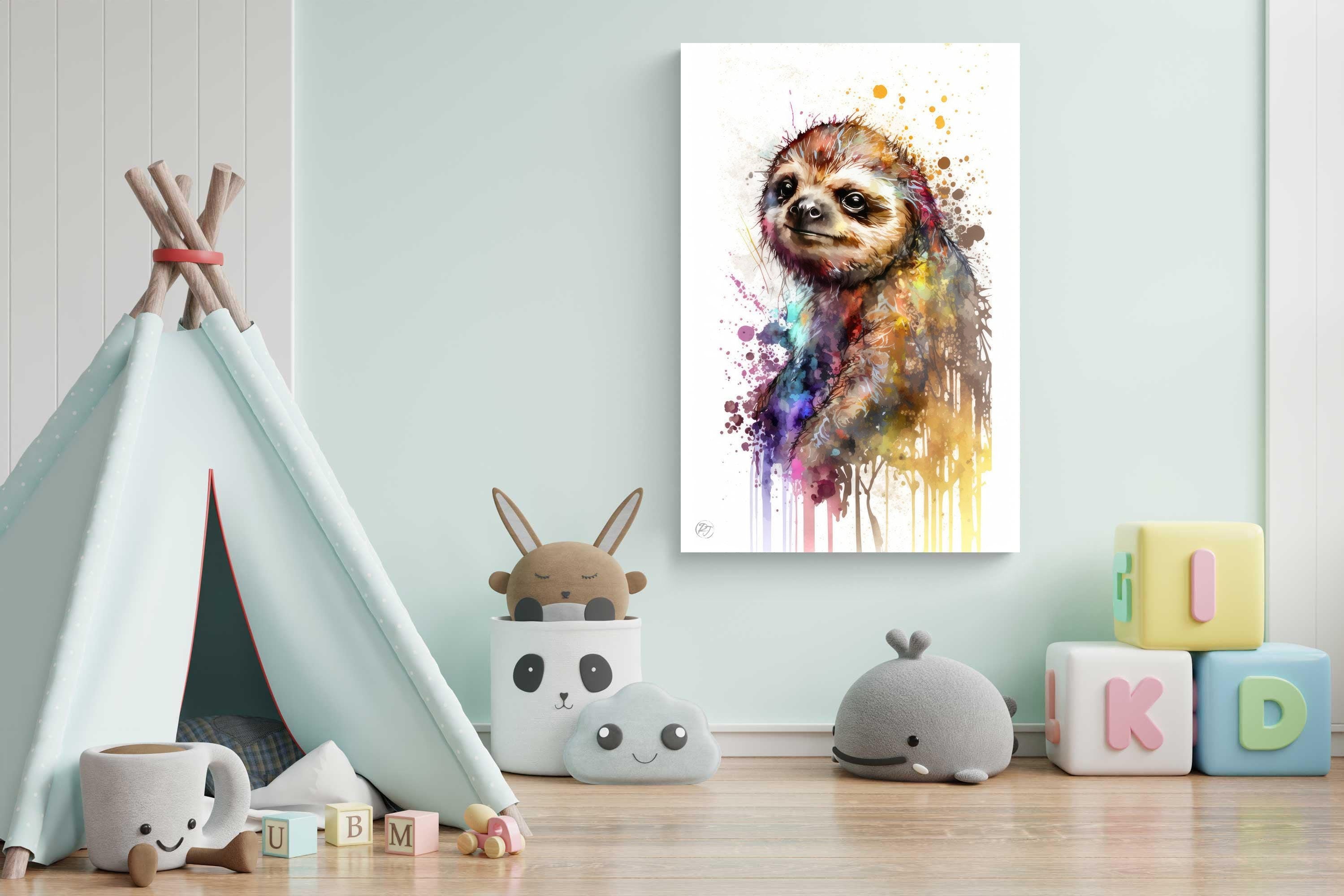 Sloth Watercolor Art Print, Nursery Animal Canvas Print, Cute Decor, Framed Kids Wall Art