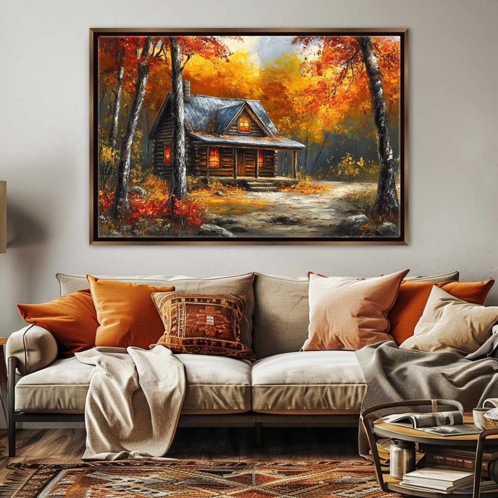 a cozy cabin nestled in a picturesque autumn landscape, with vibrant orange and yellow foliage surrounding the rustic wooden structure.
