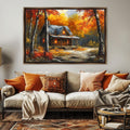 a cozy cabin nestled in a picturesque autumn landscape, with vibrant orange and yellow foliage surrounding the rustic wooden structure.