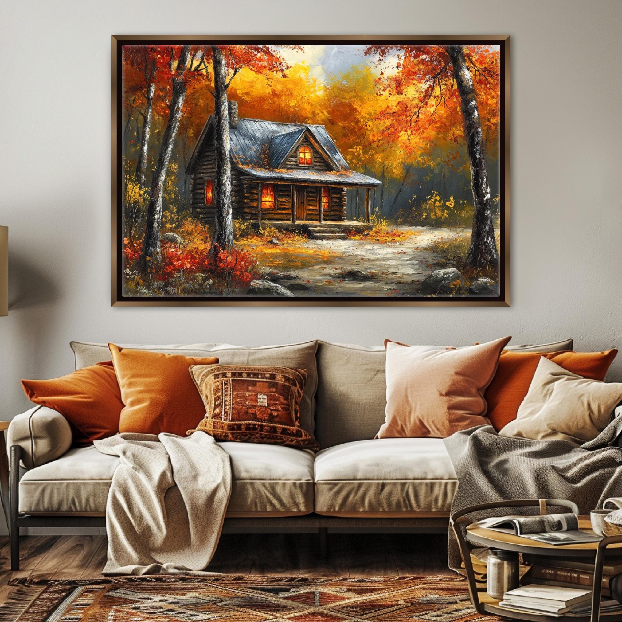 a cozy cabin nestled in a picturesque autumn landscape, with vibrant orange and yellow foliage surrounding the rustic wooden structure.