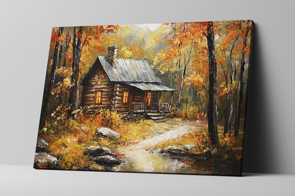 a rustic log cabin nestled in a forest, surrounded by vibrant autumn foliage.