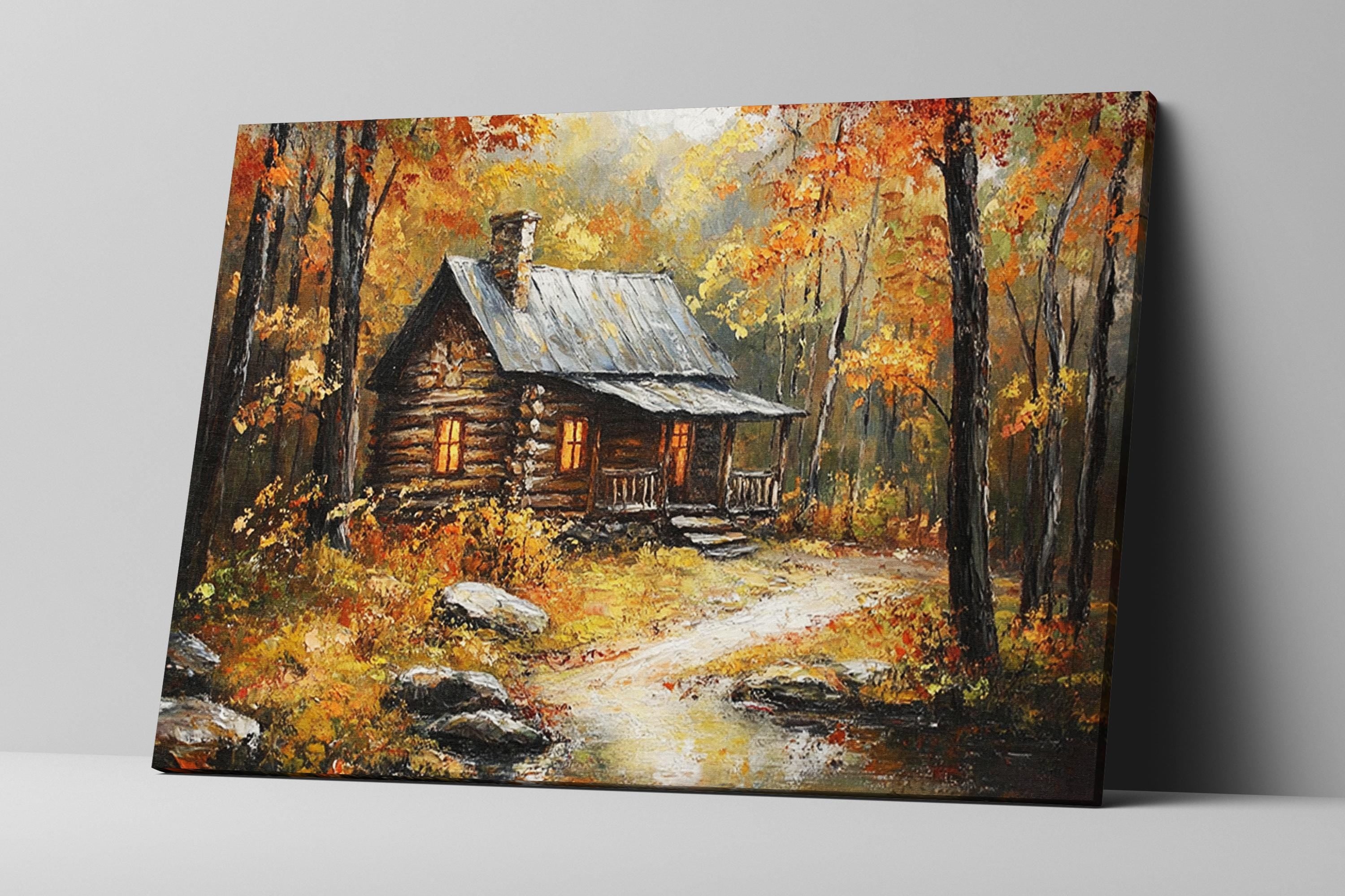 a rustic log cabin nestled in a forest, surrounded by vibrant autumn foliage.