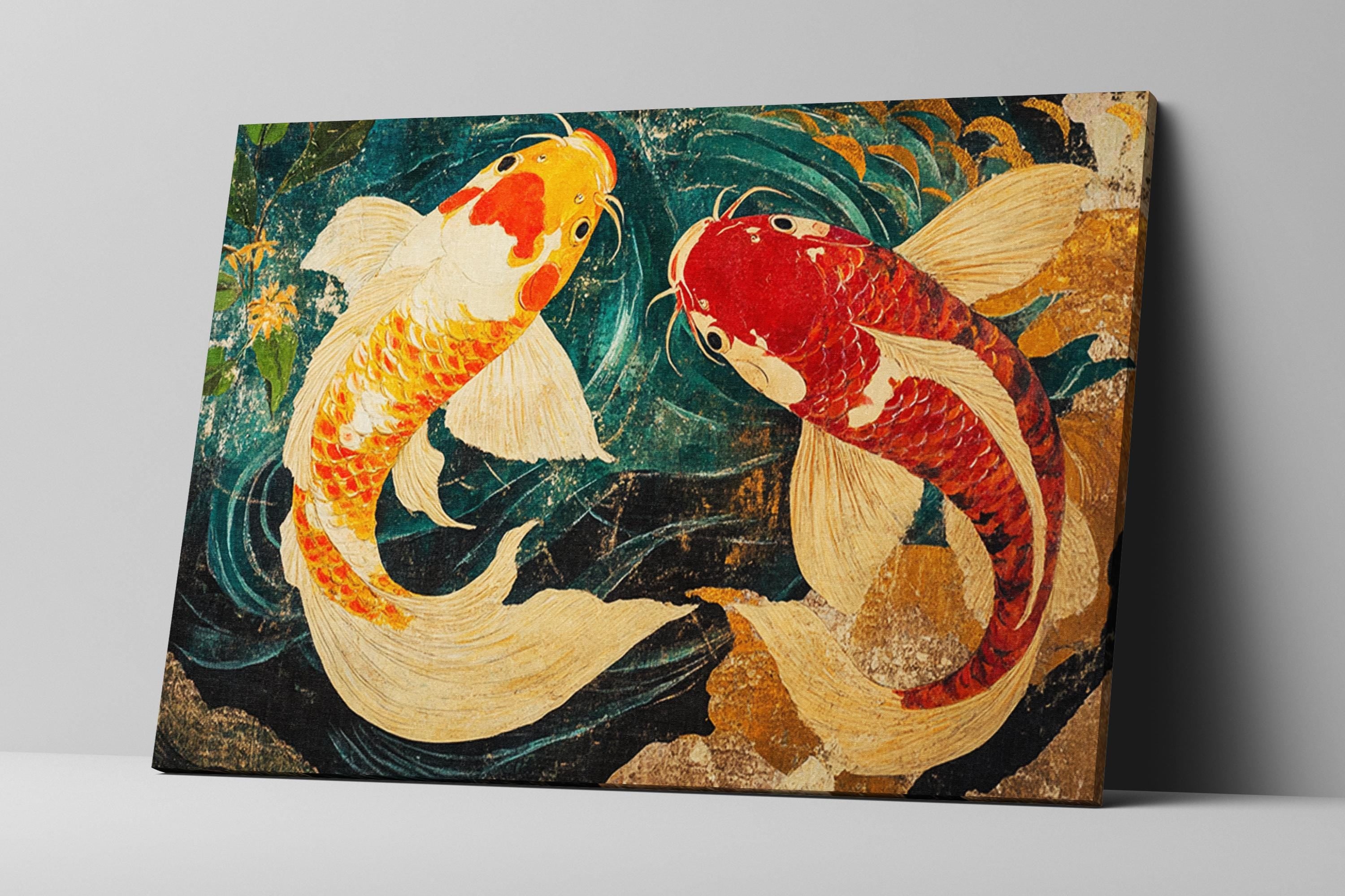 a painting of two fish swimming in a pond