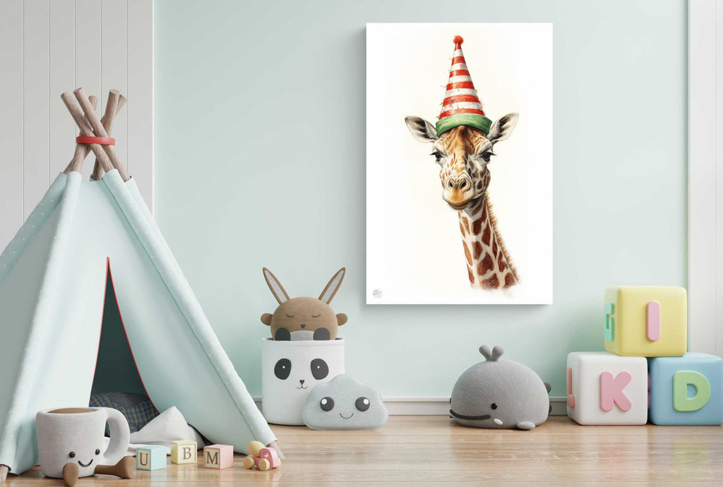Christmas Safari - Watercolor Giraffe with Santa Hat, Giclee Print on Canvas, Artist Paper, Watercolor Paper, Available in Extra Large Sizes