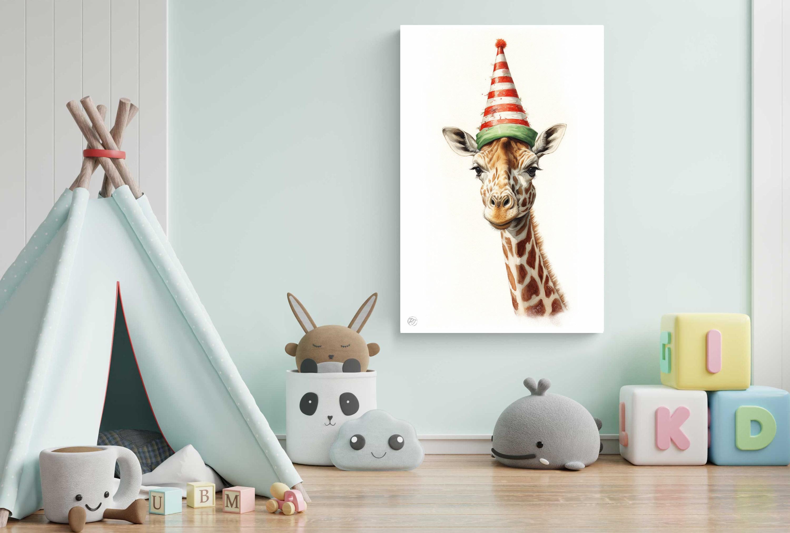 Christmas Safari - Watercolor Giraffe with Santa Hat, Giclee Print on Canvas, Artist Paper, Watercolor Paper, Available in Extra Large Sizes