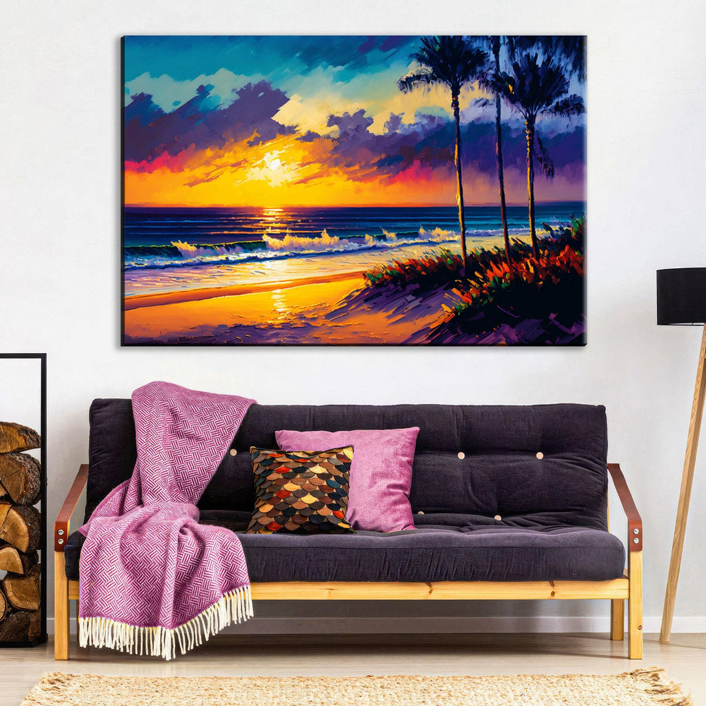 Coastal Beach Canvas - Large Canvas Art With Vibrant Ocean Sunset Painting