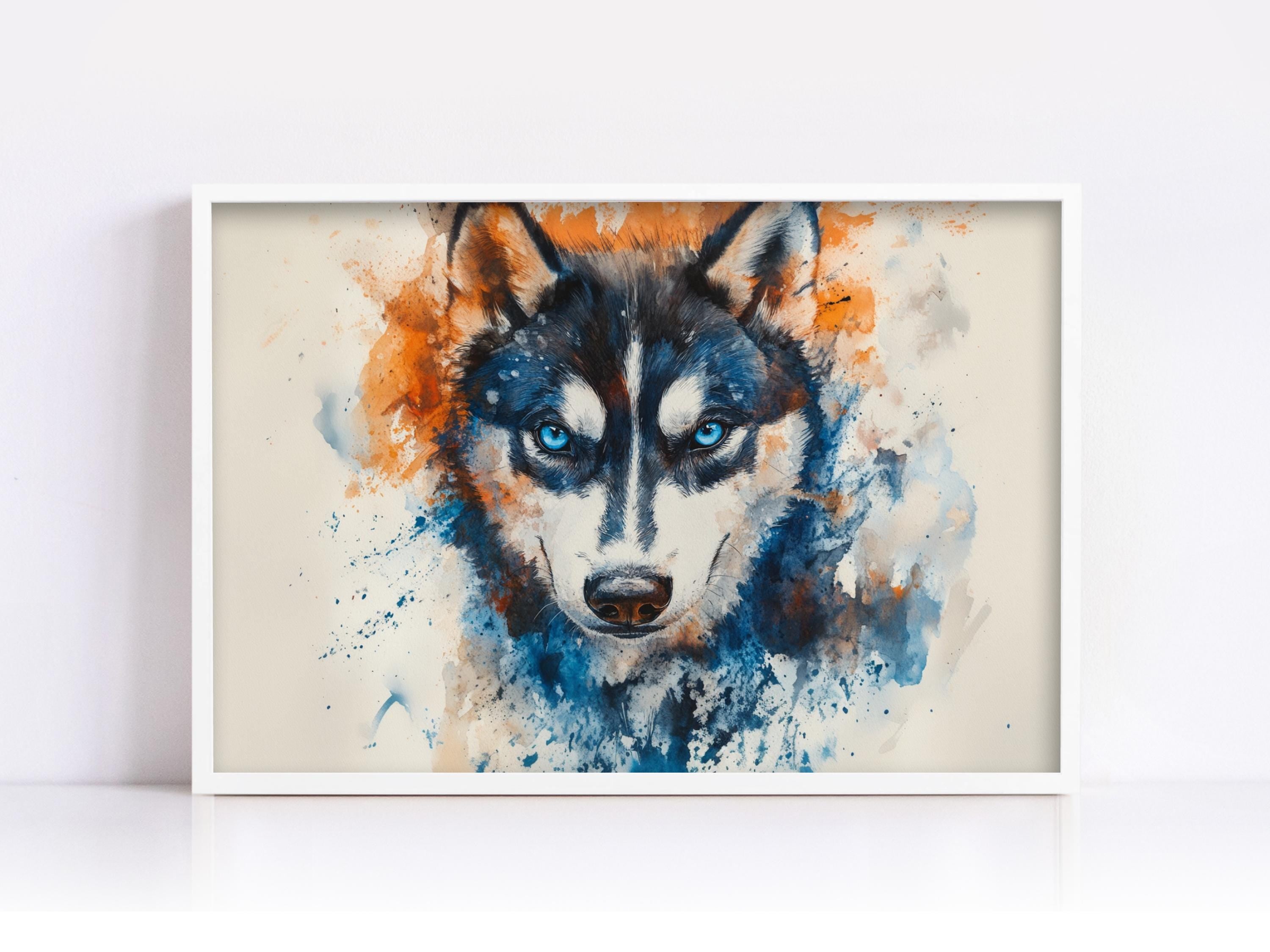 The image is a framed painting depicting a close-up of a husky dog with striking blue eyes and a black and white face.