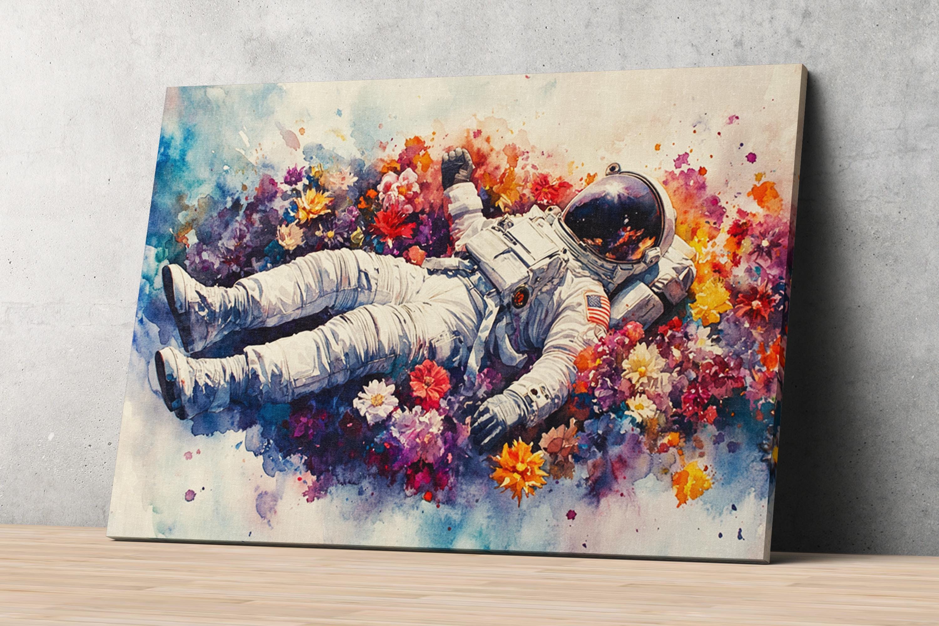 an astronaut floating in a colorful, flower-filled space, surrounded by a vibrant and lively atmosphere.
