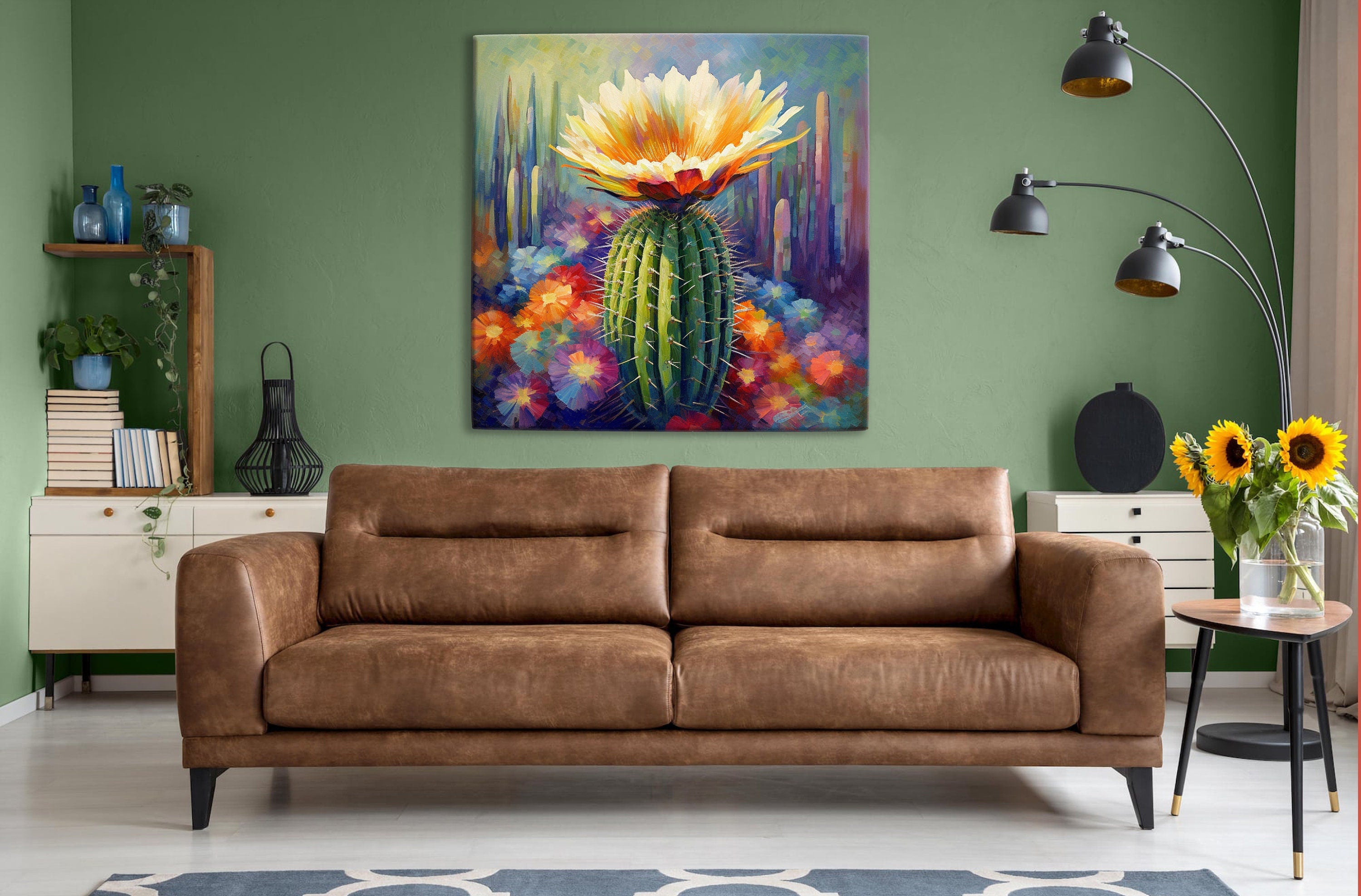 Saguaro Cactus Bloom Painting – Large Gallery Wrapped Canvas Wall Art, UV Coated Print