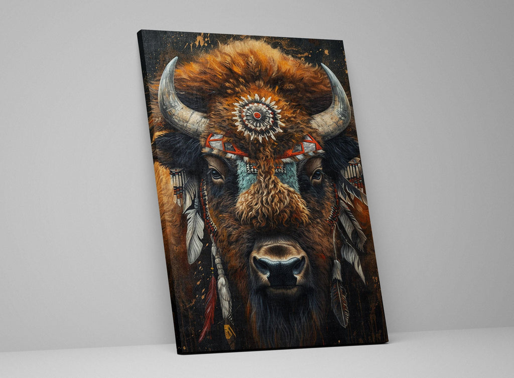 The image is a painting of a buffalo with large, curved horns and a headdress, set against a dark background.