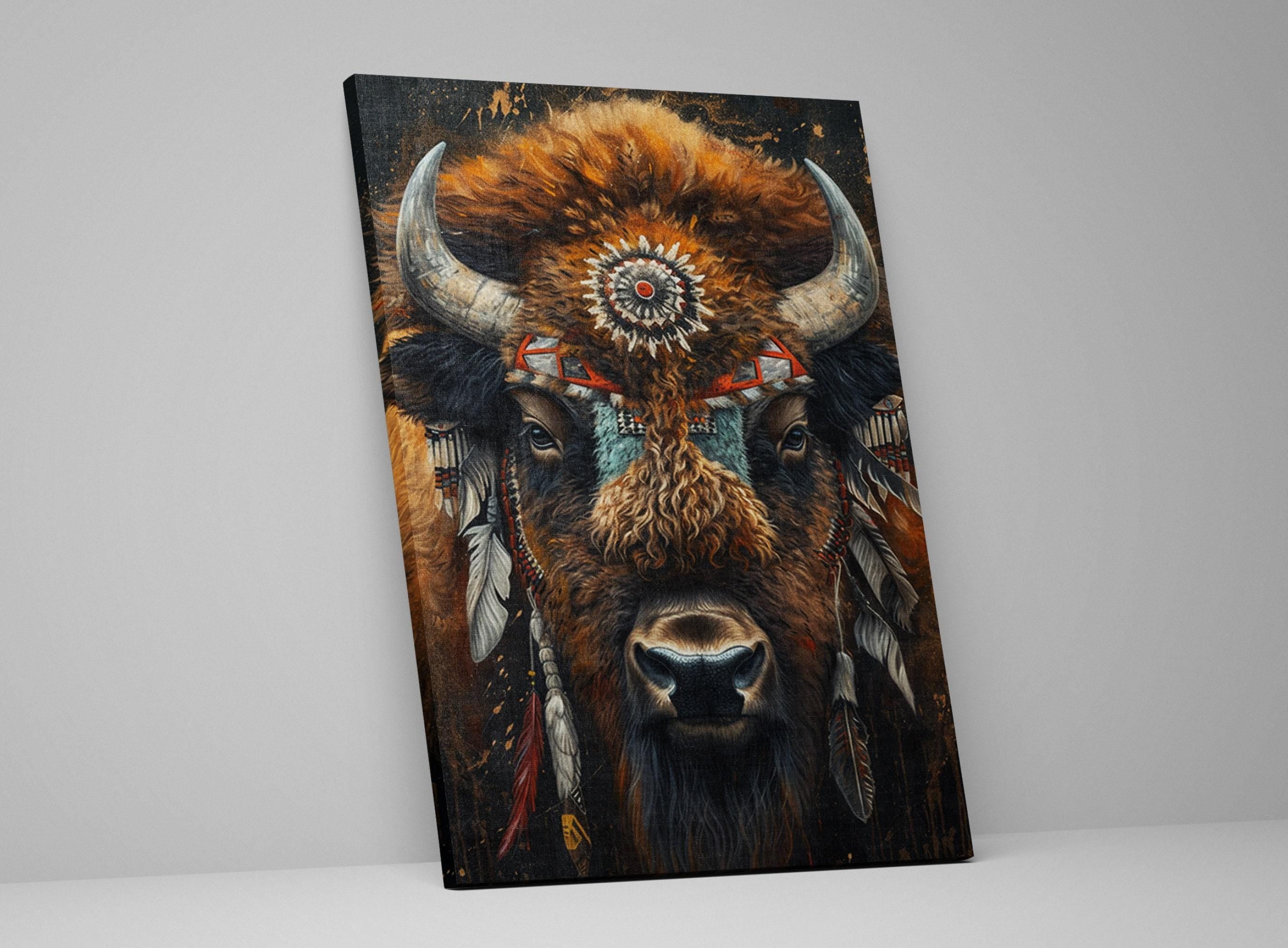 The image is a painting of a buffalo with large, curved horns and a headdress, set against a dark background.