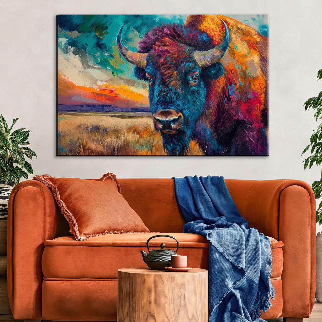 a large, colorful painting of a buffalo on the wall above a cozy living room setting with a brown sofa, a wooden side table, and a potted plant.