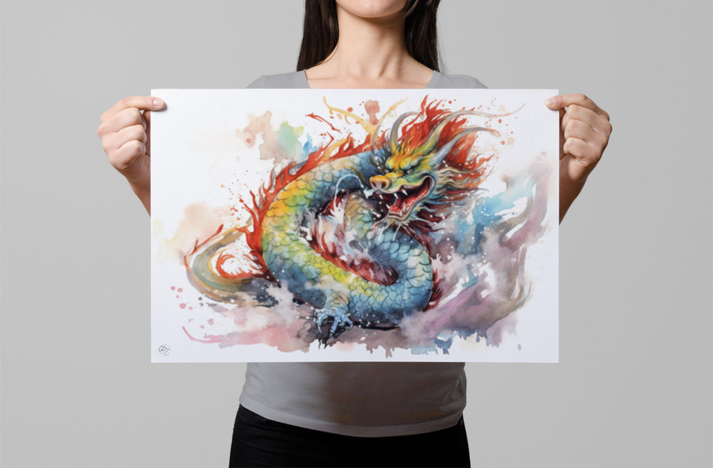 Dragon of Prosperity: Chinese Dragon Watercolor Art, Giclee Print on Canvas, Artist Paper, Watercolor Paper, Available in Extra Large Sizes