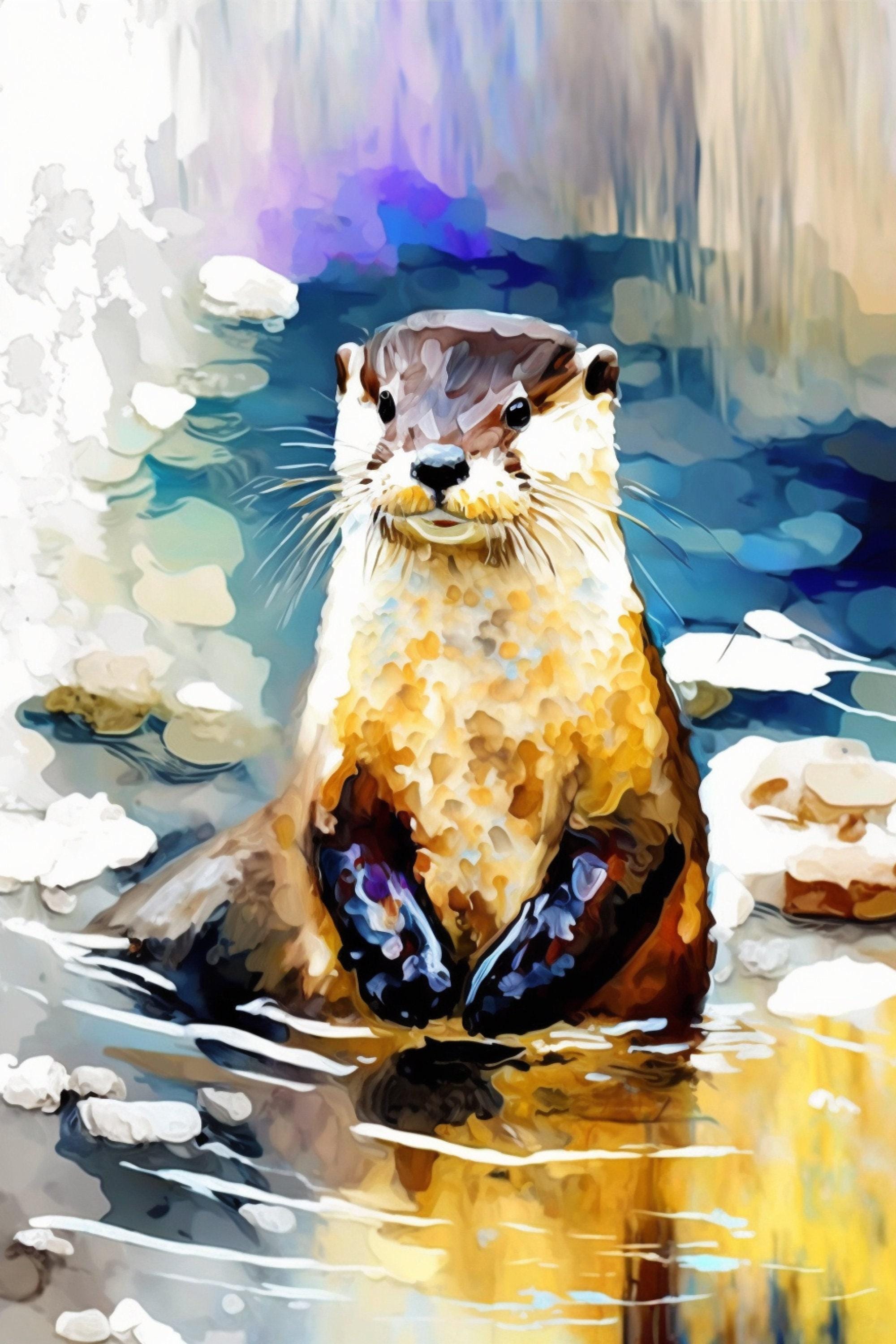 Playful River Otter: Watercolor Otter Wall Art Print, Giclee Print on Canvas, Artist Paper, Watercolor Paper, Available in Extra Large Sizes