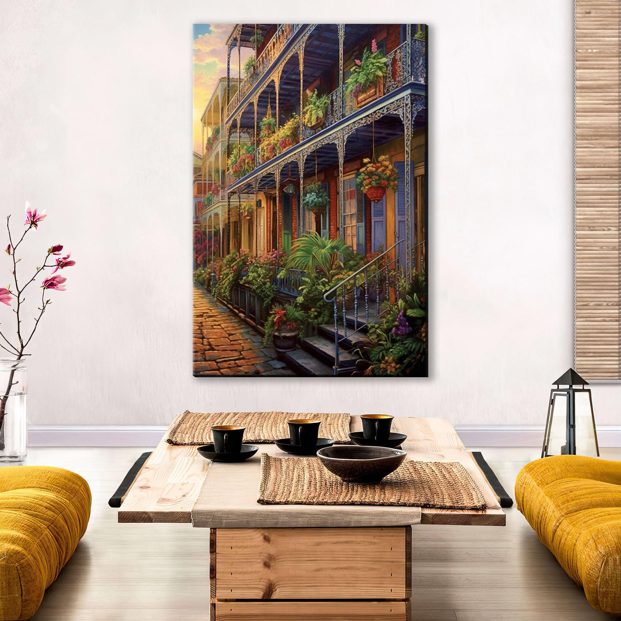 New Orleans Canvas Art – French Quarter Painting on Large Framed Canvas with Wood Frame