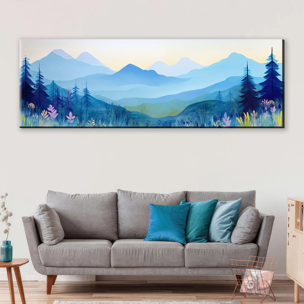 a living room with a couch and a painting on the wall