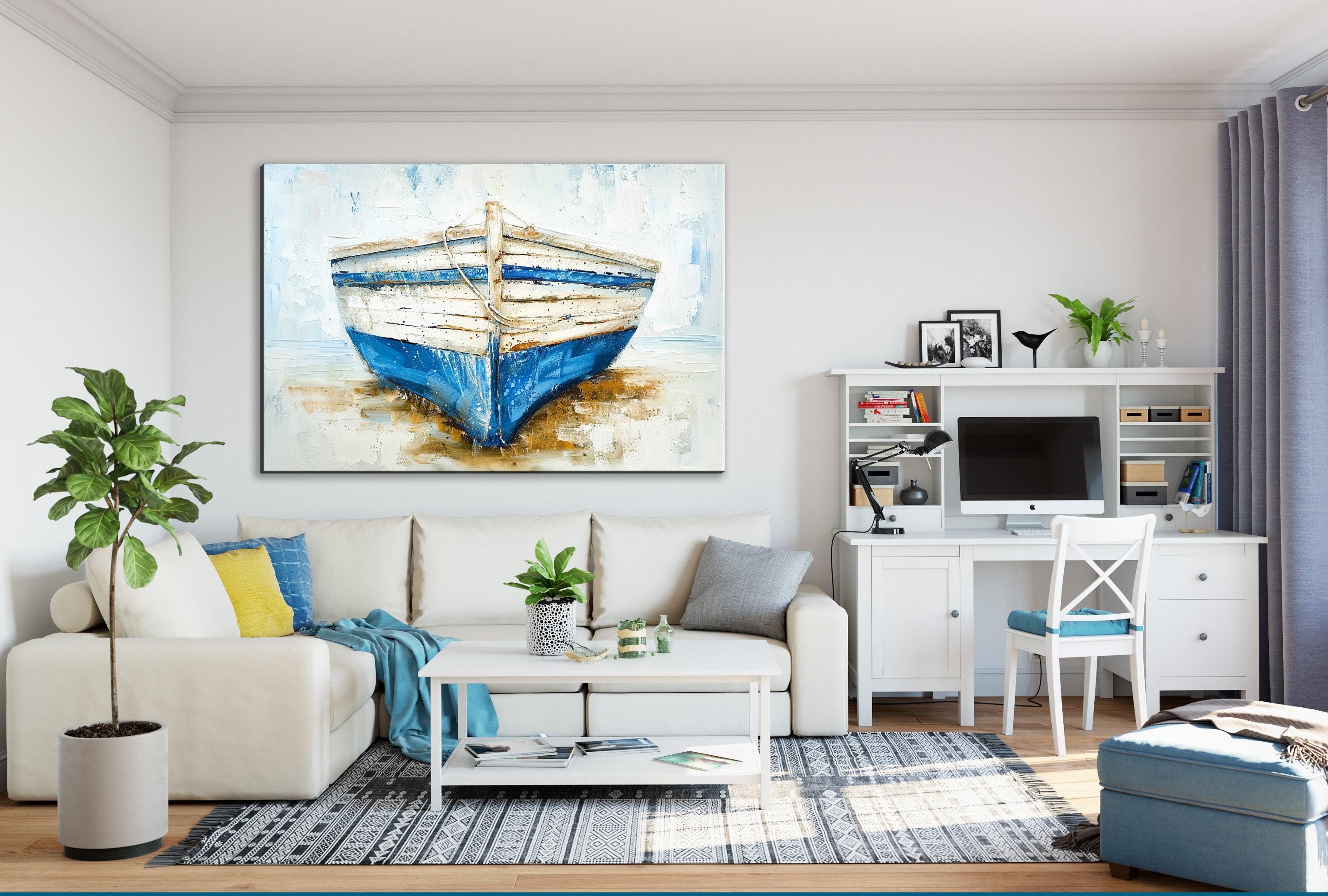 Coastal Blue White Boat - Gallery Wrapped Canvas | Extra Large Nautical Wall Art