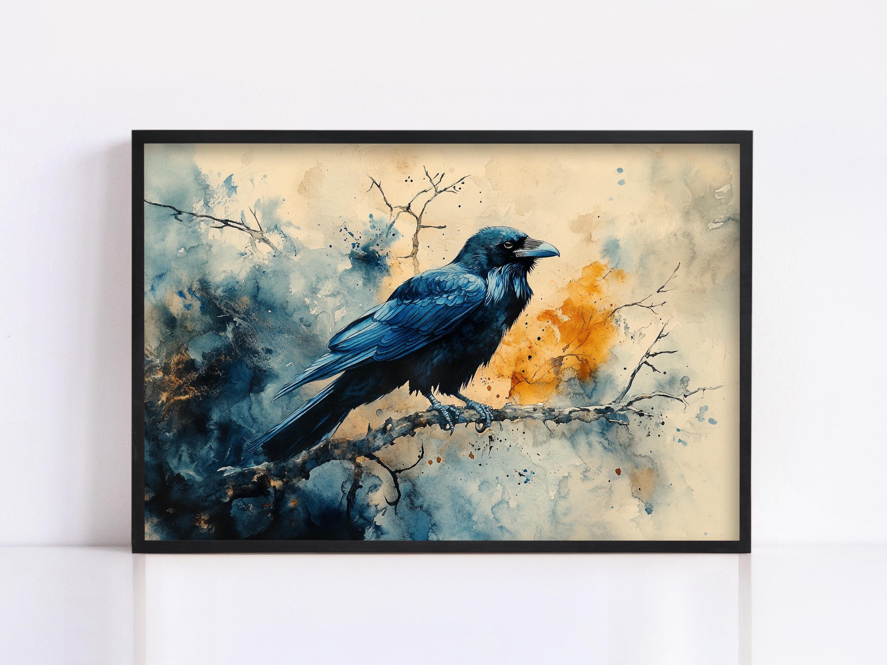 A framed painting depicting a black bird perched on a branch, with splashes of orange and blue paint in the background.