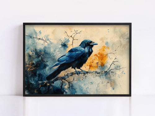 A framed painting depicting a black bird perched on a branch, with splashes of orange and blue paint in the background.