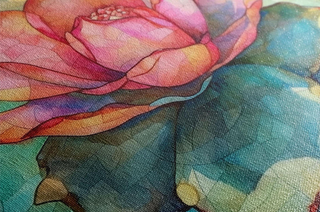The image is a close-up of a vibrant, colorful flower with intricate details and a textured surface.