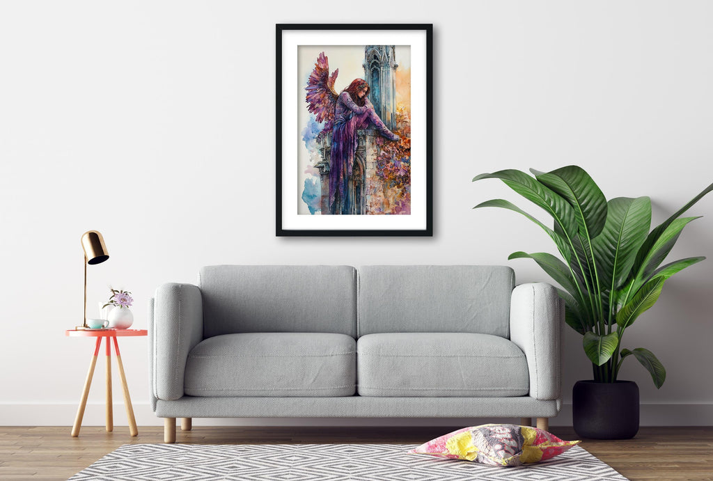 a gray sofa, a framed painting of an angel, a small table with a lamp, and a potted plant, all arranged in a living room setting.