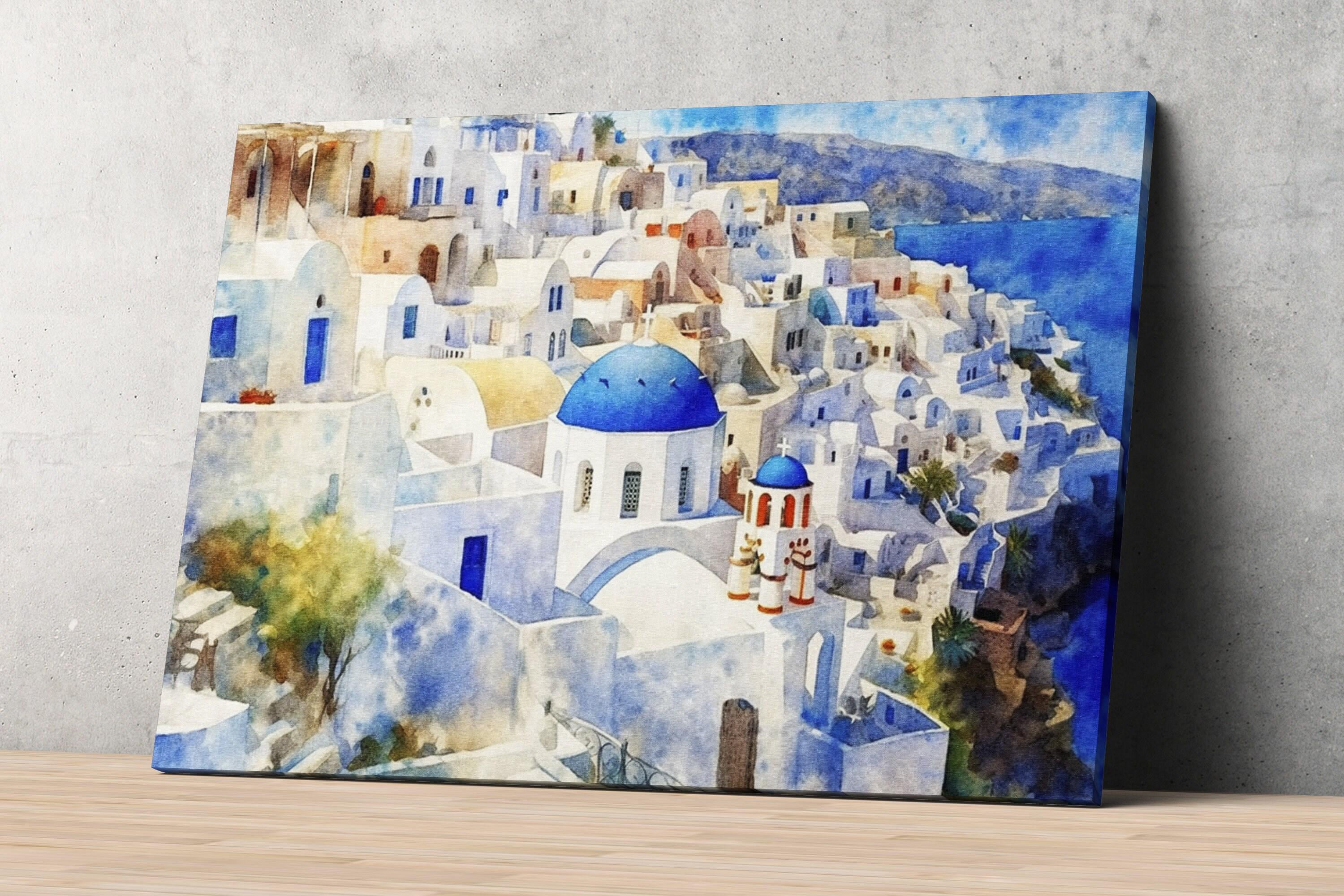 Grecian Getaway - Santorini Landscape Wall Hanging, Giclee Print on Canvas, Artist Paper, Watercolor Paper, Available in Extra Large Sizes