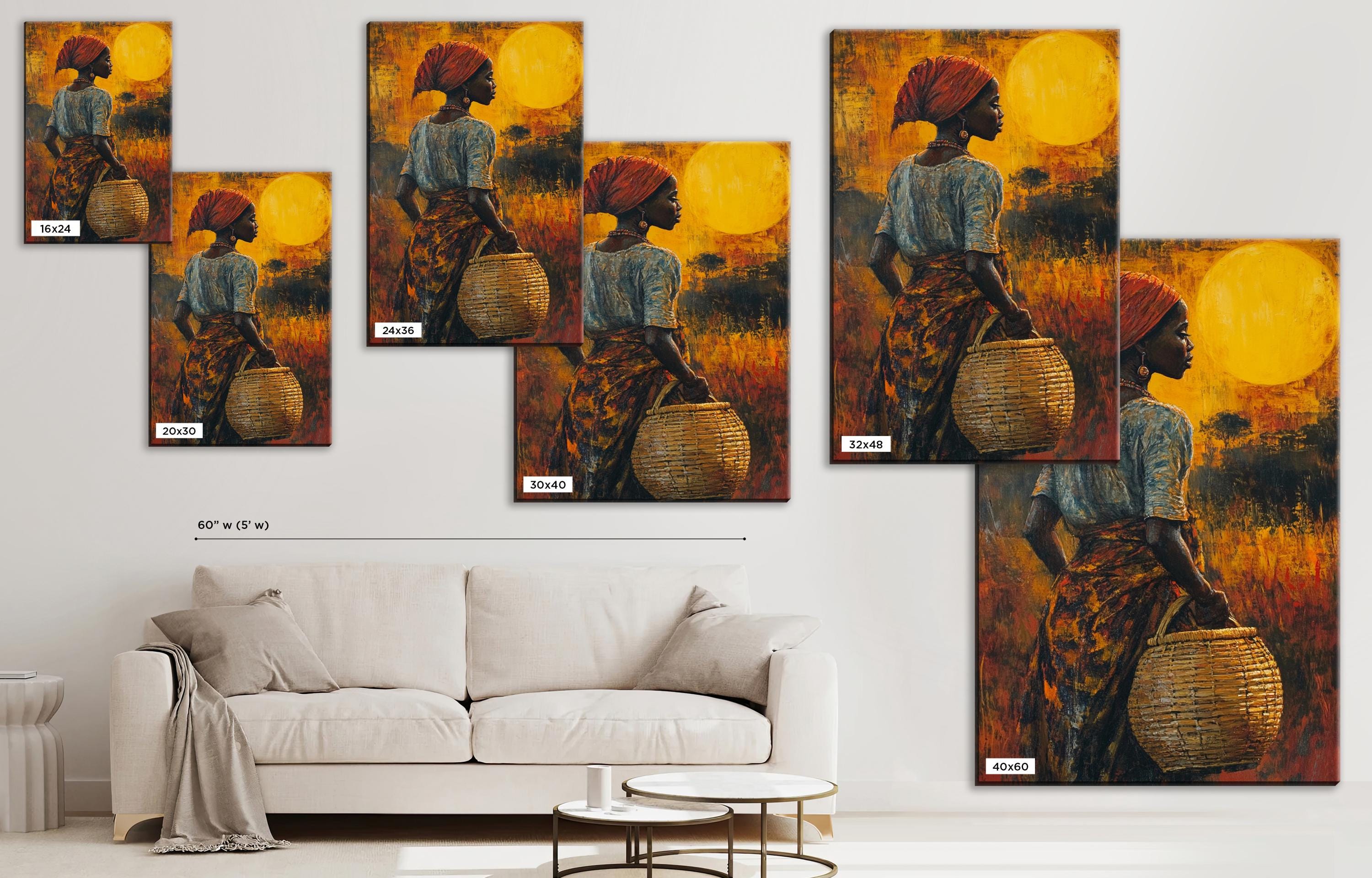 a living room with a couch and a painting on the wall