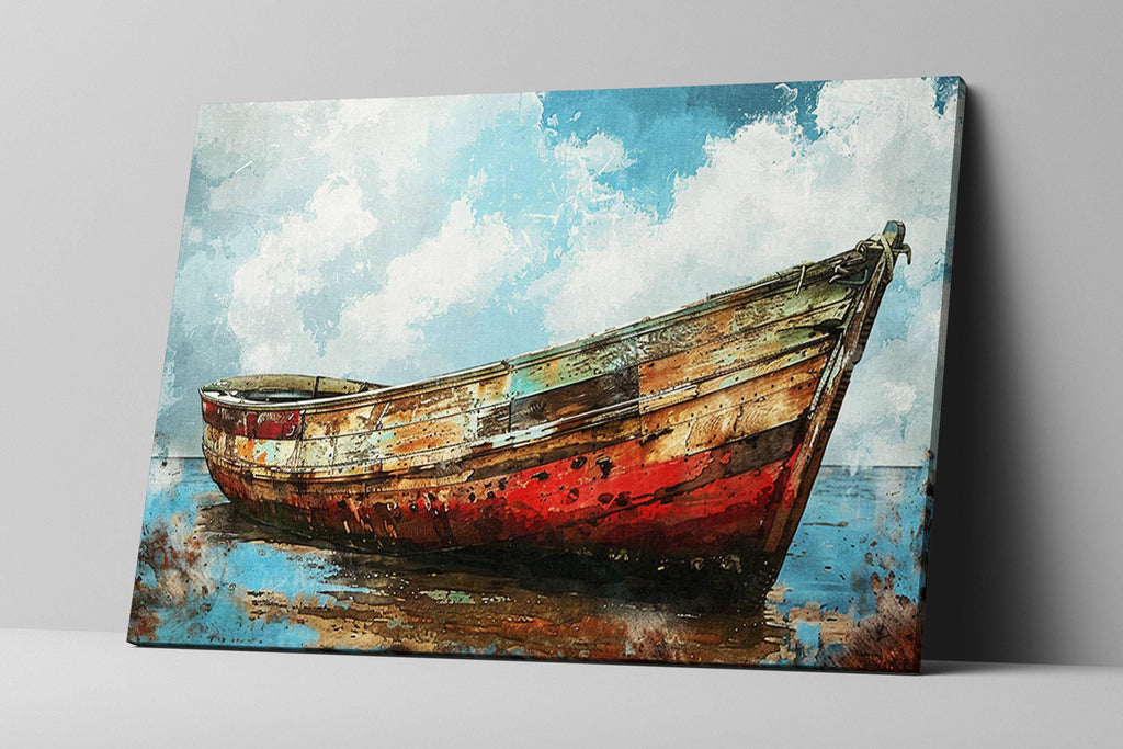 Coastal Boat Wall Art – Large Canvas Art | Old Red White Boat On Gallery Wrapped Canvas