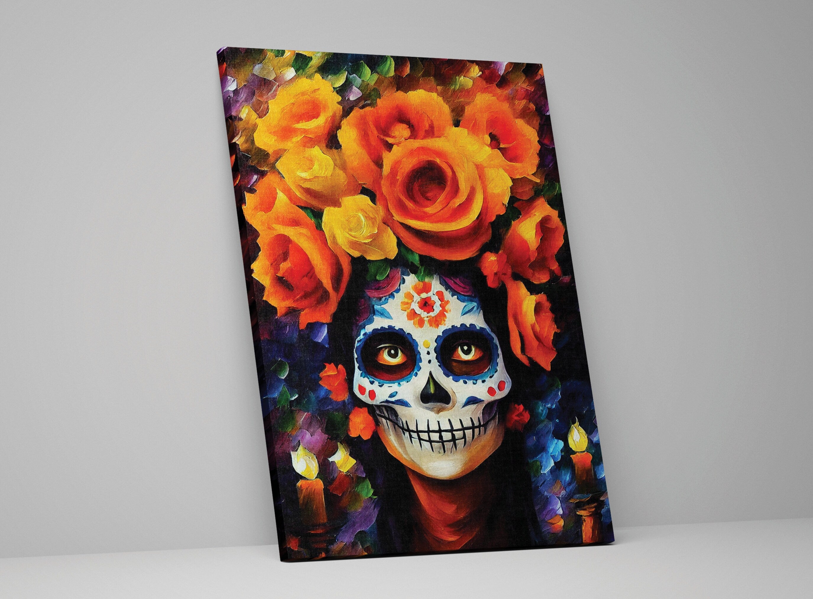 Dia De Los Muertos Canvas – Vibrant Sugar Skull Painting on Gallery Ready Wooden Frame