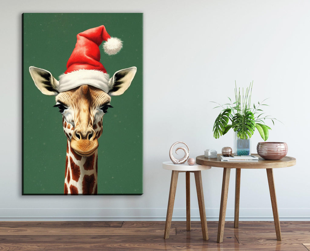 Christmas Canvas Art – Whimsical Giraffe in Santa Hat | Norman Rockwell Style Holiday Decor