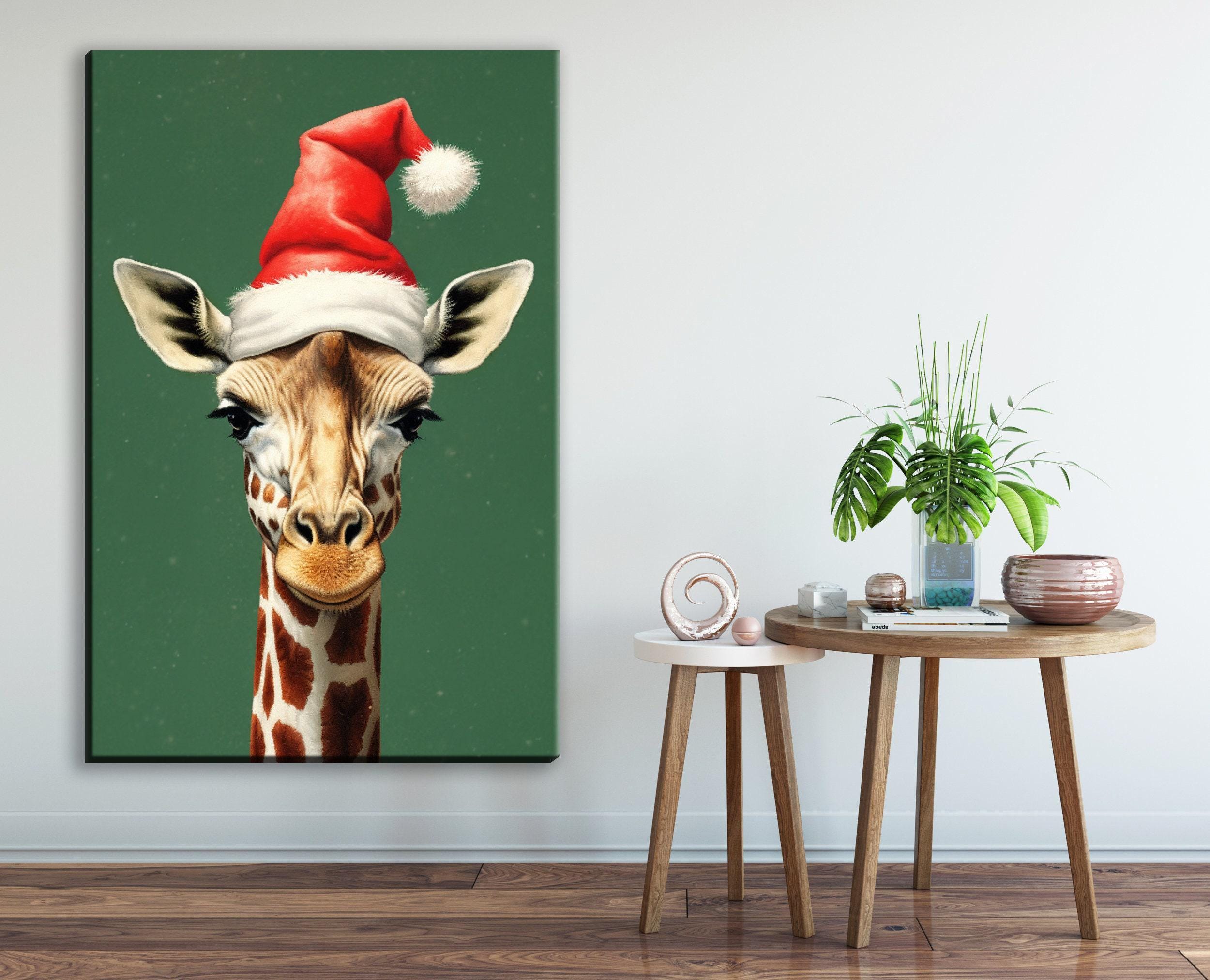 Christmas Canvas Art – Whimsical Giraffe in Santa Hat | Norman Rockwell Style Holiday Decor