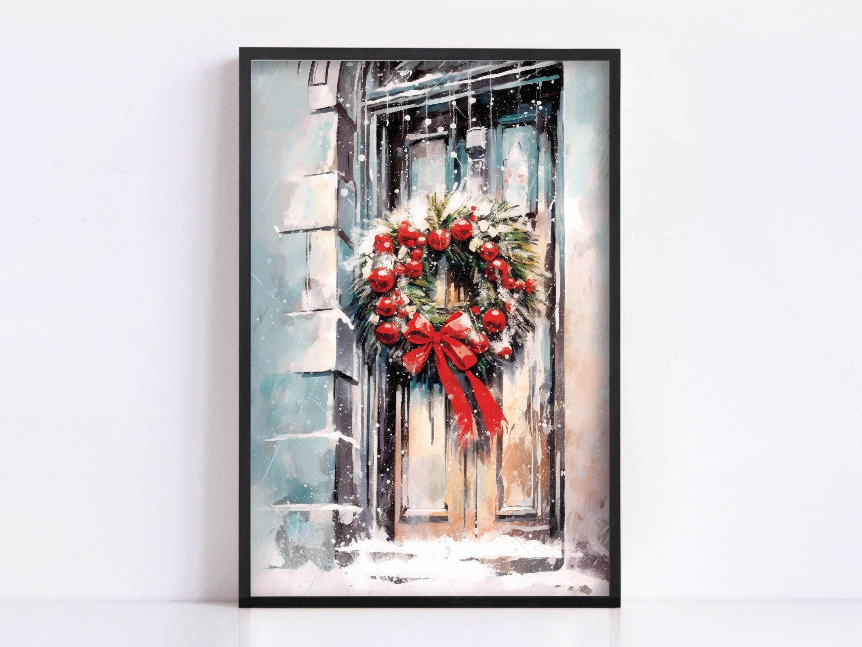 Festive Christmas Wreath Watercolor - Holiday Wall Art, Print on Canvas, Artist Paper, Watercolor Paper, Available in Extra Large Sizes