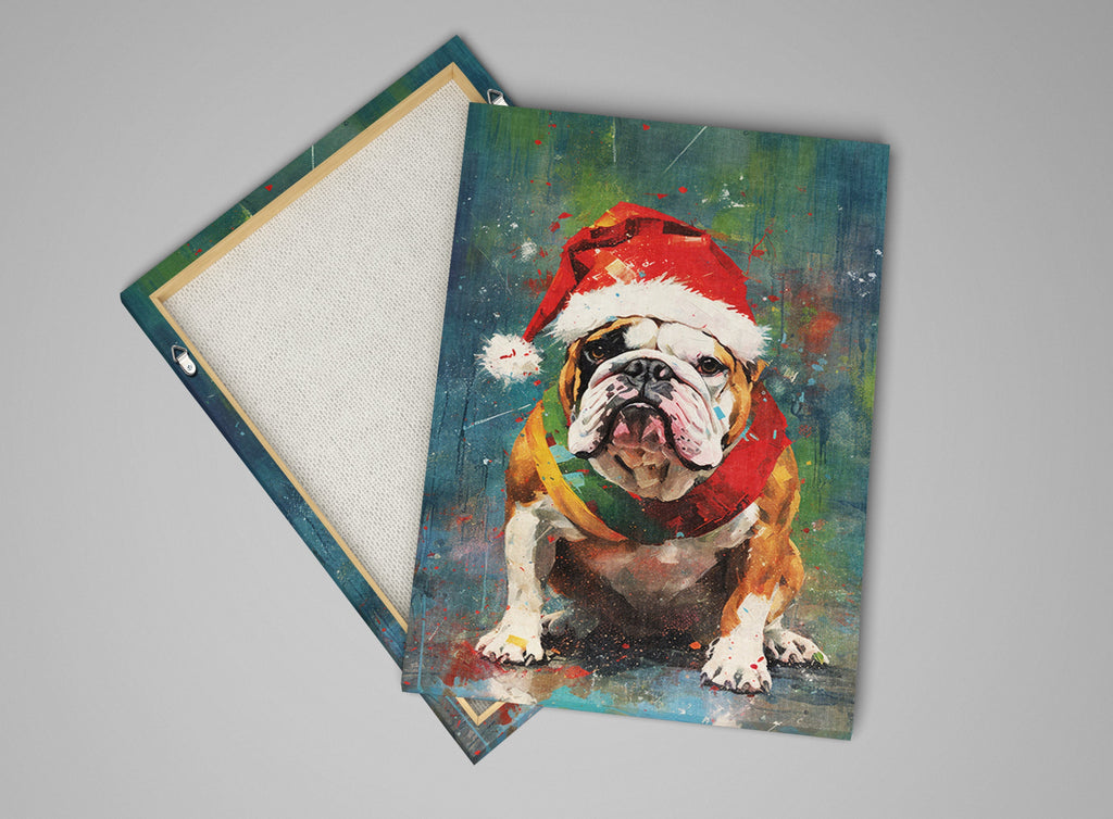 English Bulldog Christmas Art – Festive Dog Painting on Gallery Wrapped Canvas, Large Holiday Canvas