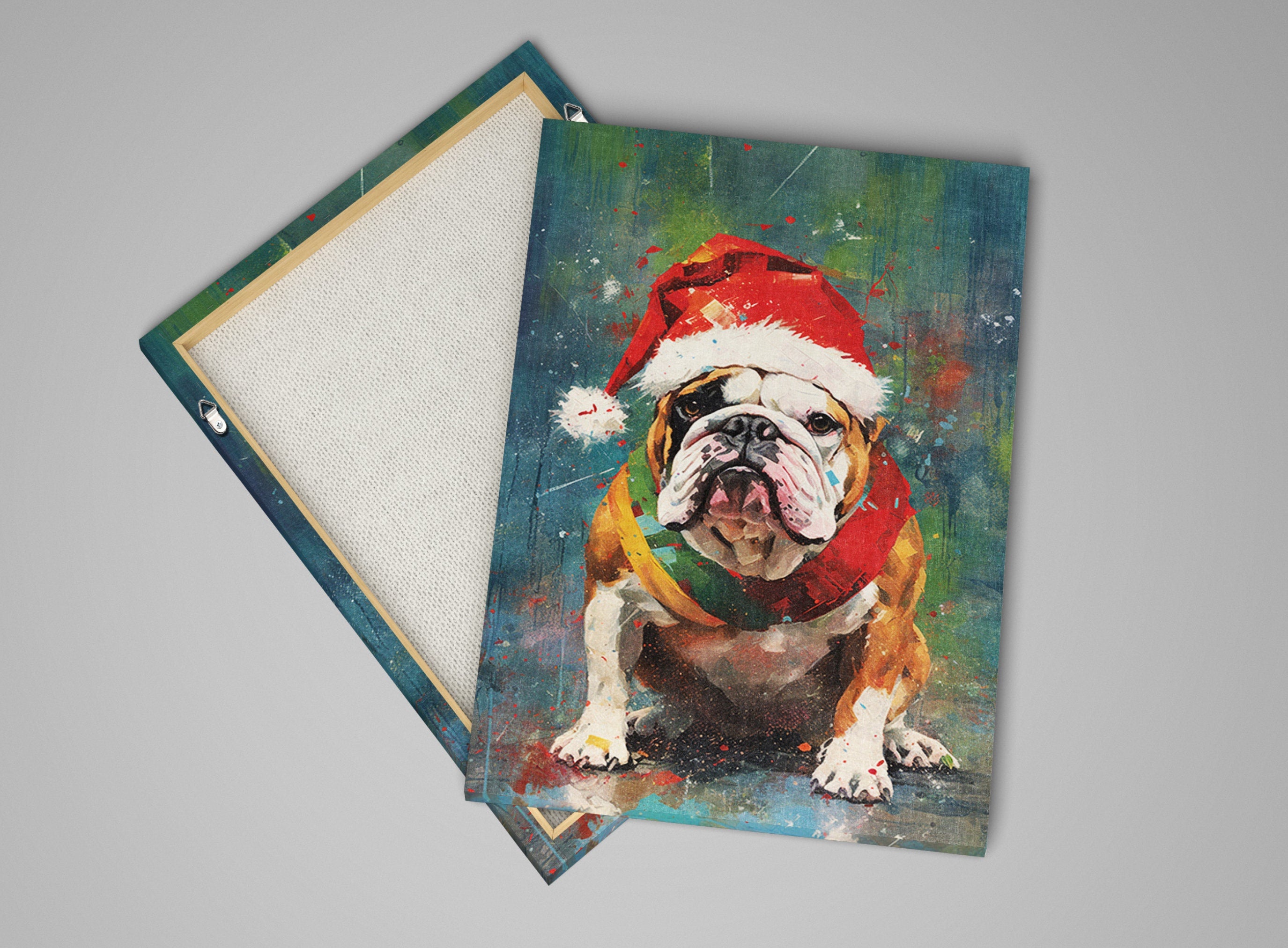 English Bulldog Christmas Art – Festive Dog Painting on Gallery Wrapped Canvas, Large Holiday Canvas