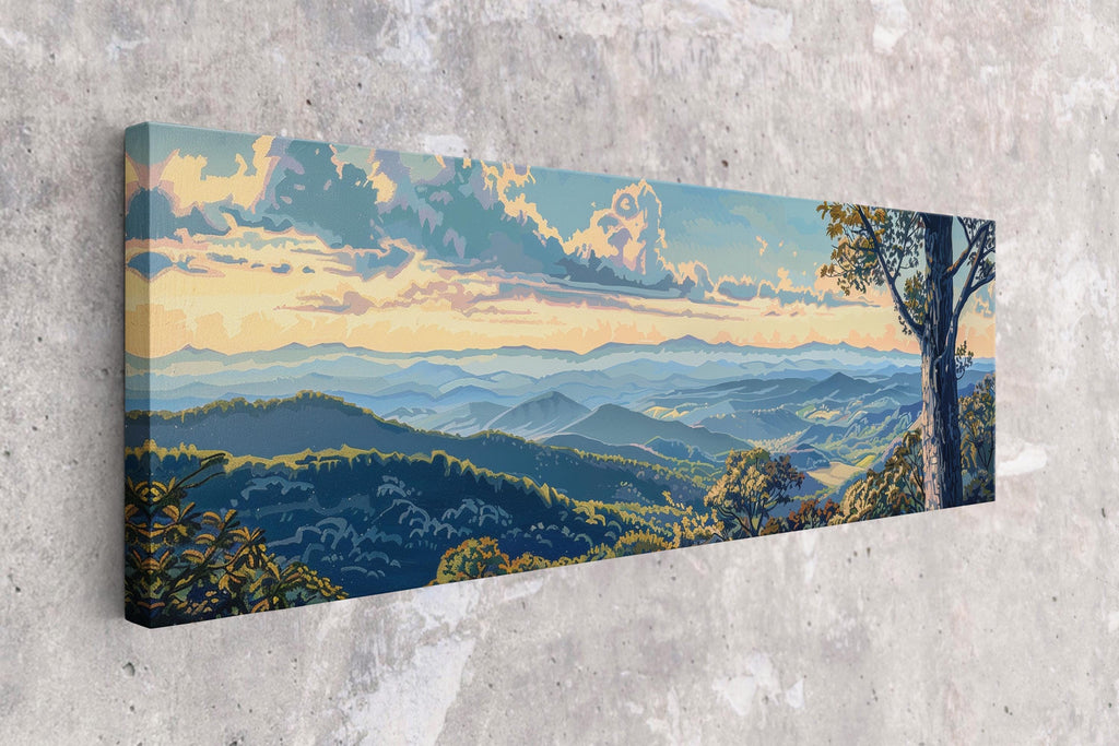 a painting of a mountain scene on a wall