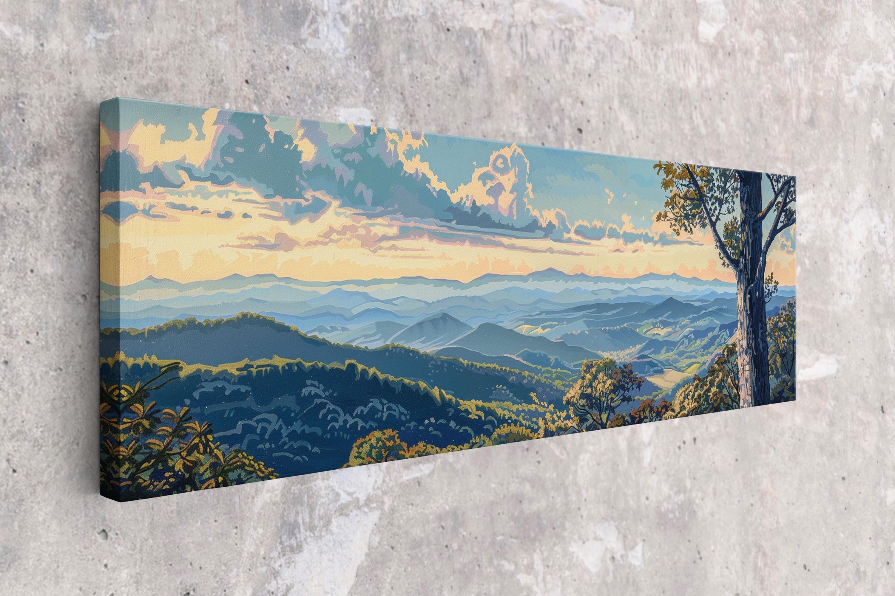 a painting of a mountain scene on a wall