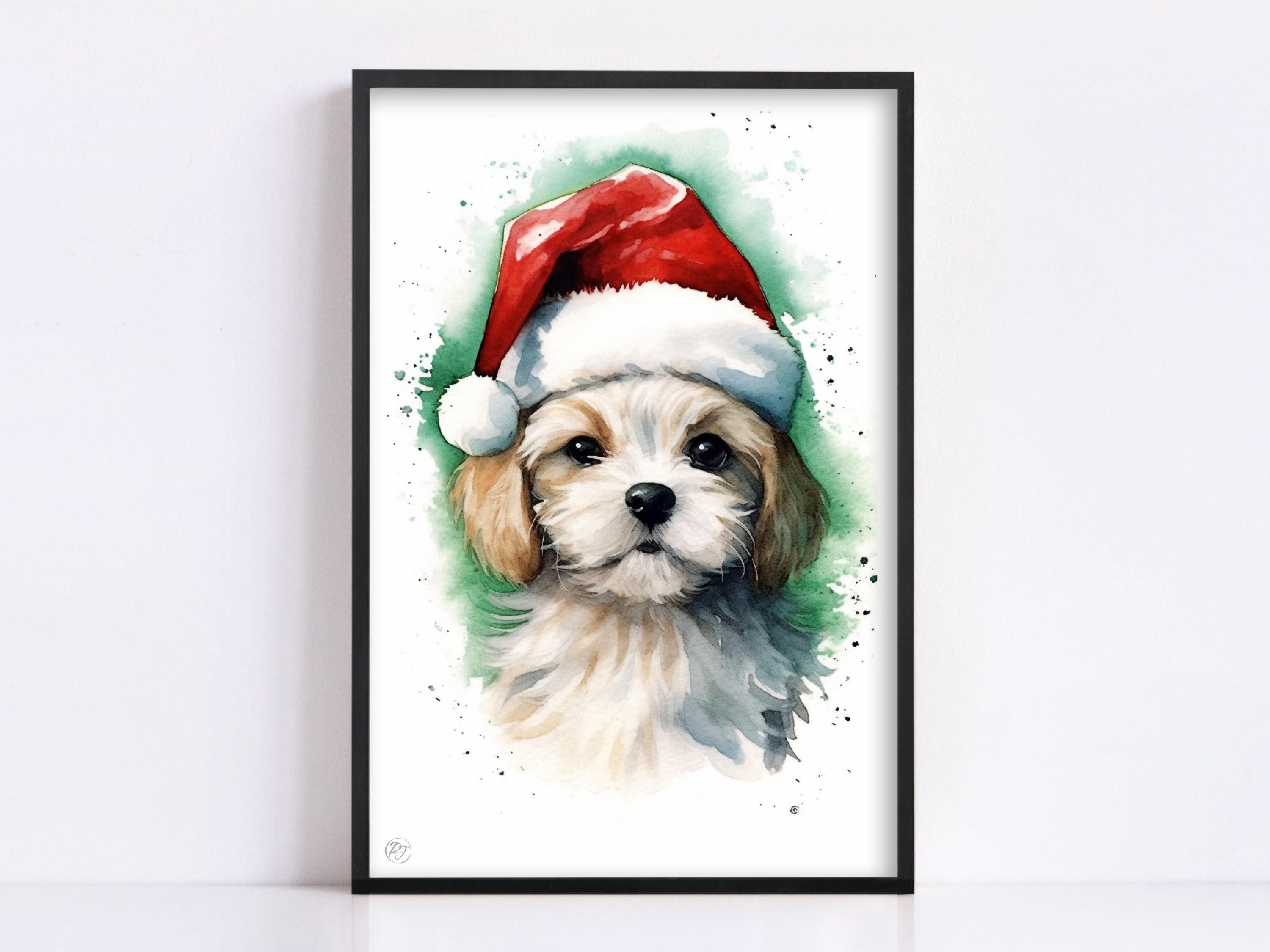 Adorable Puppy in Santa Hat Watercolor Art Print, Giclee Print on Canvas, Artist Paper, Watercolor Paper, Available in Extra Large Sizes